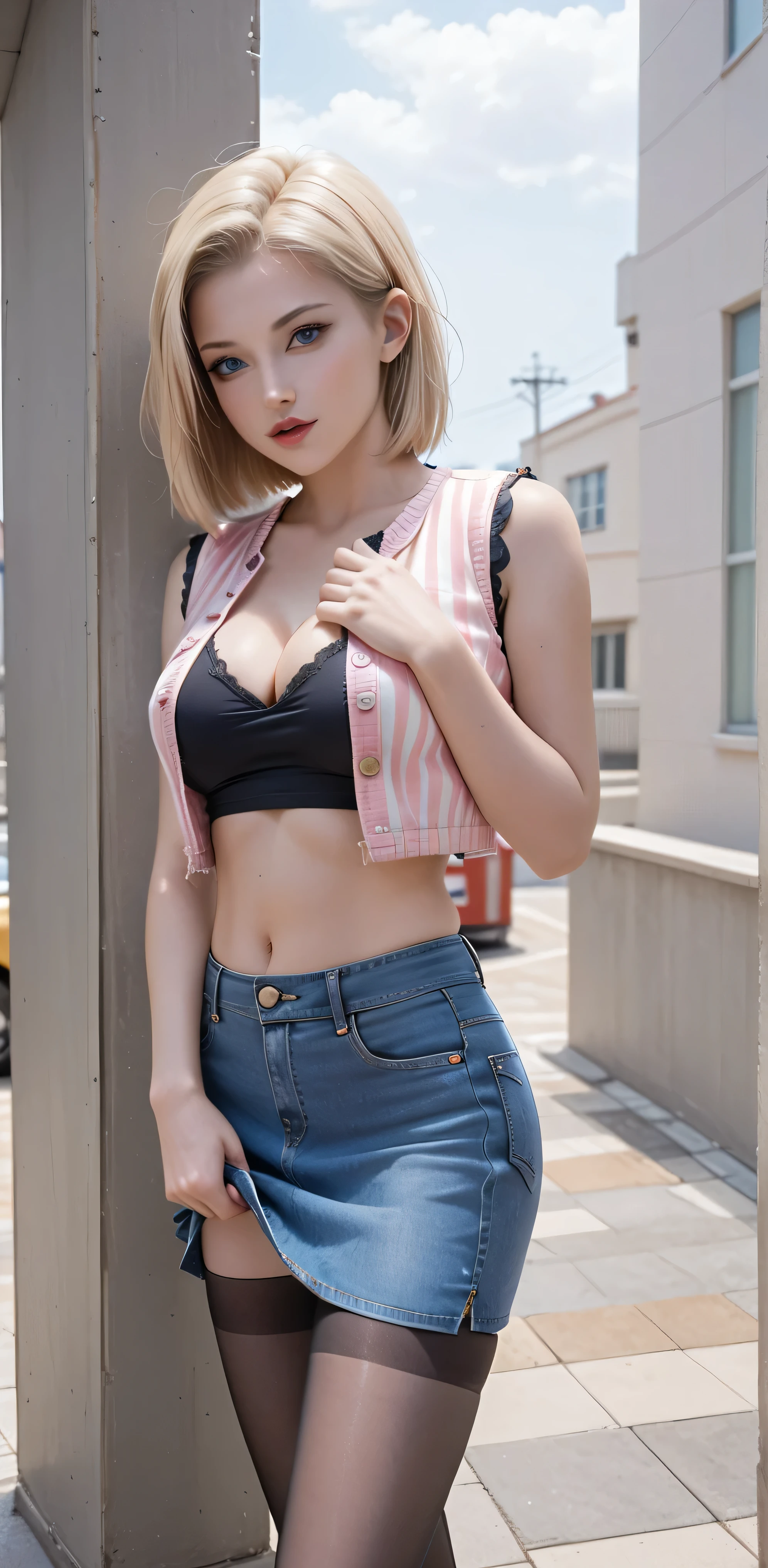 (One girl), (Android 18), (Her body and eyes face forward), ((She sat on the steps of the driveway outside the building and lifts one side of her denim mini skirt)), ((Intentionally holding the hem of the skirt with the one hand and pushing it up)), ((Her white sexy-panty is visible)), (She wore high leg panties), ((She looks straight at her boyfriend)), (Blonde hair), ( blonde girl), (She wearing light blonde hair), (Medium length hush cut hair), (Her slender legs and stylish short western cow-girl boots are clearly visible under the mini denim skirt she is wearing), (She have Very bouncing), (Wearing a short blue H-line denim skirt), (Wearing a mini denim vest), (The short mini vest she wears has three small circular buttons), (The denim skirt and denim vest colors match), (She Wear long sleeves), (Long sleeves with black stripes at regular intervals on a white background), (She wears flesh-colored illusion pantyhose), (The pantyhose she wears look like brown stockings), (She wore pantyhose and wore white white over them), (No-belt), (Wearing women's Western cowboy-boots), (Wearing a black t-shirt that exposes deep cleavage), (No bra), ( outside a black T-shirt), (Clearly exposed), (She winks with her left eye), (Boldly and fascinatingly winks her left eye and stares at me intently), (Sat on the steps of the driveway outside the building), ((Masterpiece))