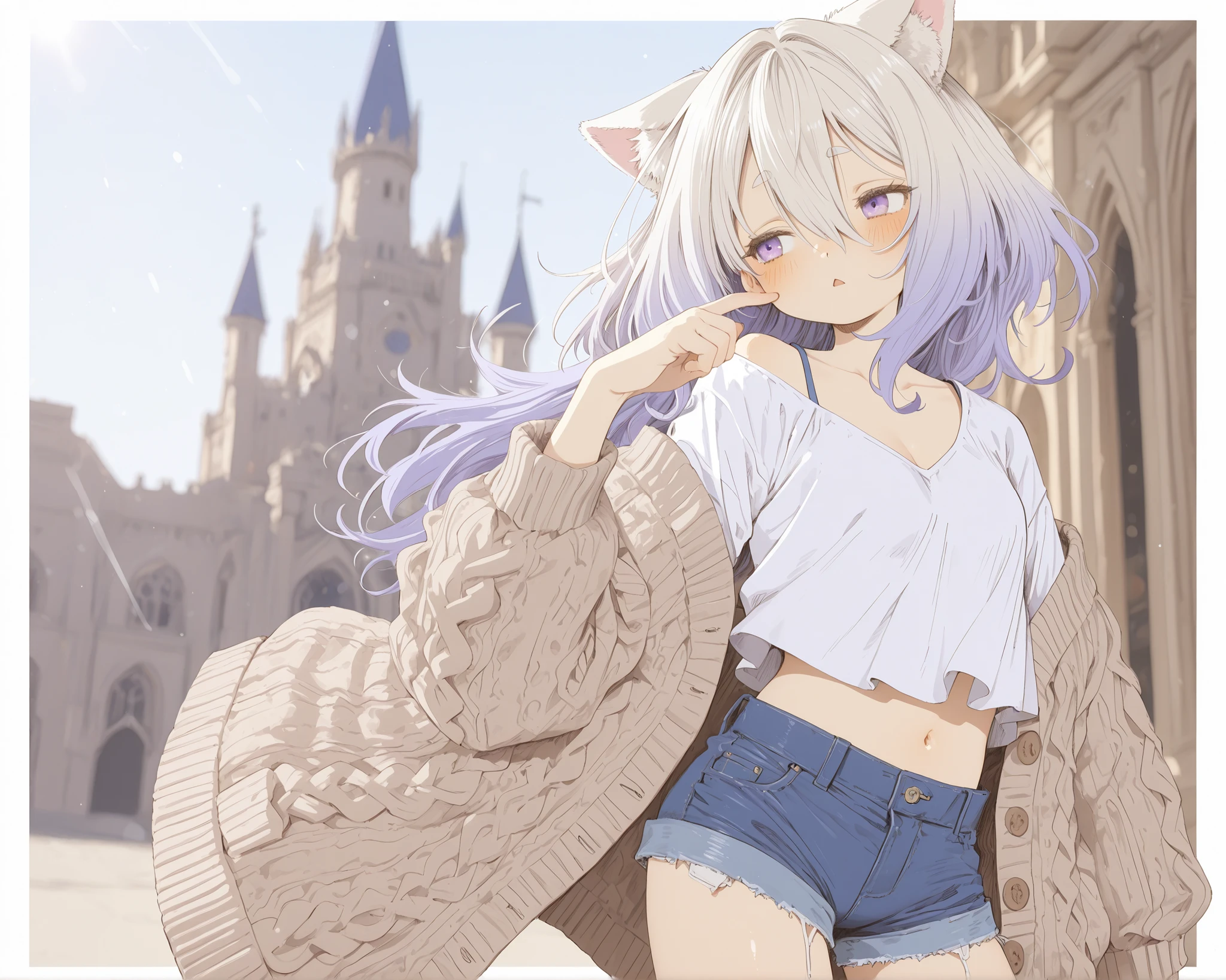 ((Abara Heiki style)), ((Masterpiece)), ((best quality, amazing quality)), ((very aesthetic, absurdres, newest)), ((detailed background, negative space, blurry background, depth of field, Asymmetrical background)), (dynamic angle, wide shot, from side), (cinematic lighting), ((1girl, solo)), cute young Girl, (Healthy Gaunt body, Textured skin, small , cleavage, tilt head), ((platinum-gold hair)), (Knit fabric Cardigan, pale brown Cardigan, Cardigan overhang), inner loose cropped shirt, pure white shirt, left shoulder, (short shorts, denim fabric shorts, Navy blue shorts), (messy medium hair), (hair between eyes, long bangs, long side bangs), gradient hair, violet color Hair Tip, beautiful collarbones, BREAK ((sad face, blush, triangle mouth)), Thin and short eyebrows, troubled eyebrows, (cute cheeks), glossy lips, pouty lips, (lower eyelashes), (fuzzy cat ears), ((pale purple eyes, gradient eyes, averting eyes, looking at side)), ((touching finger on cheek, slightly exposed cute navel), outdoor, contrapposto under the castle gateway, aged gateway, (under the castle gateway, In front of Cinderella Castle), wind blow, intense sunlight, ((autumn atmosphere)),