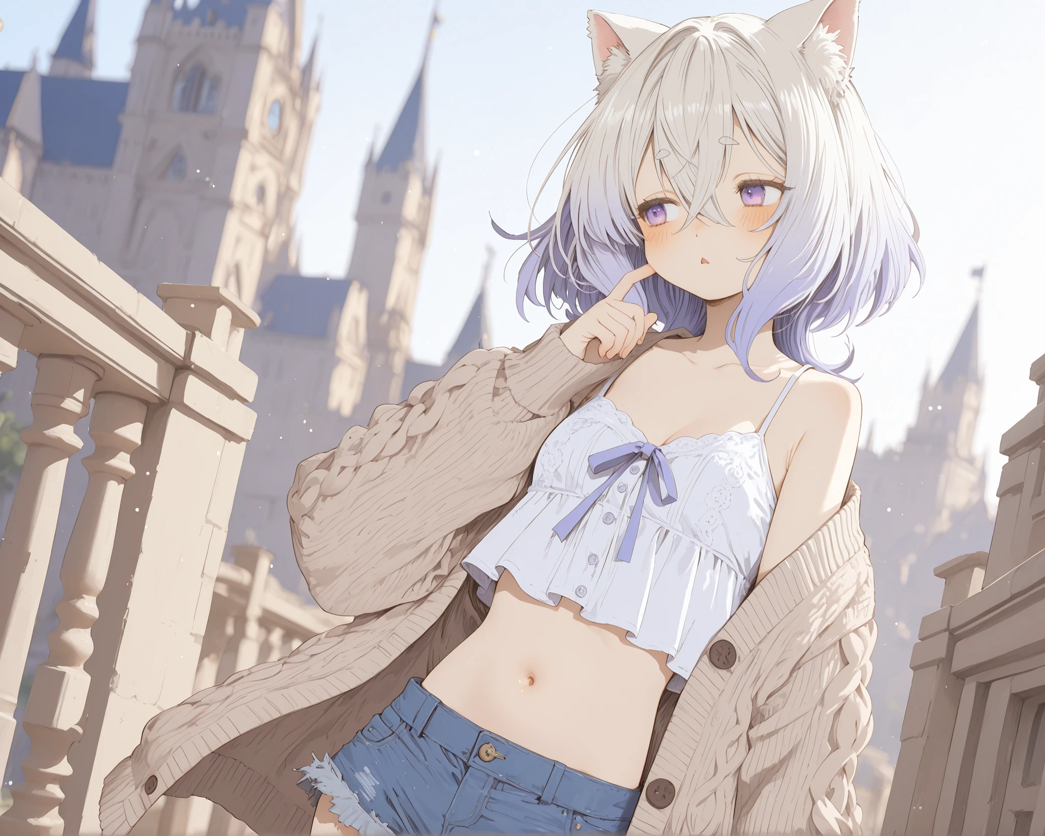 ((Abara Heiki style)), ((Masterpiece)), ((best quality, amazing quality)), ((very aesthetic, absurdres, newest)), ((detailed background, negative space, blurry background, depth of field, Asymmetrical background)), (dynamic angle, wide shot, from side), (cinematic lighting), ((1girl, solo)), cute young Girl, (Healthy Gaunt body, Textured skin, small , cleavage, tilt head), ((platinum-gold hair)), (Knit fabric Cardigan, pale brown Cardigan, Cardigan overhang), inner loose cropped shirt, pure white shirt, left shoulder, (short shorts, denim fabric shorts, Navy blue shorts), (messy medium hair), (hair between eyes, long bangs, long side bangs), gradient hair, violet color Hair Tip, beautiful collarbones, BREAK ((sad face, blush, triangle mouth)), Thin and short eyebrows, troubled eyebrows, (cute cheeks), glossy lips, pouty lips, (lower eyelashes), (fuzzy cat ears), ((pale purple eyes, gradient eyes, averting eyes, looking at side)), ((touching finger on cheek, slightly exposed cute navel), outdoor, contrapposto under the castle gateway, aged gateway, (under the castle gateway, In front of Cinderella Castle), wind blow, intense sunlight, ((autumn atmosphere)),