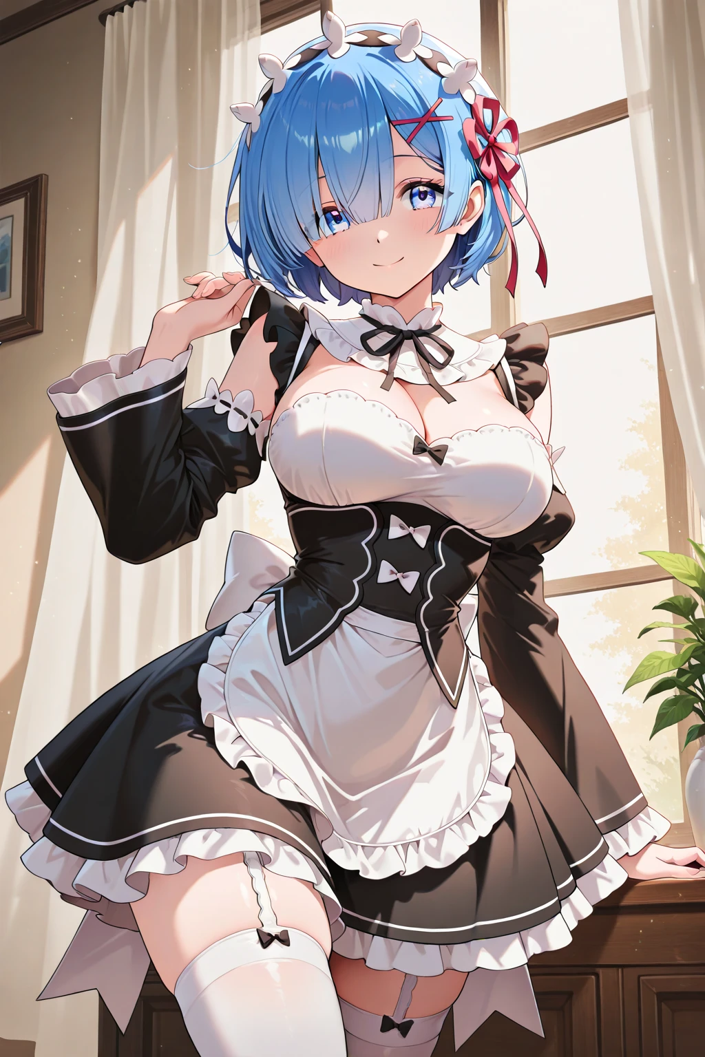 Neko Woman, Blue-haired with cat ears, purple eyes shirt, with huge breasts,  maid costume