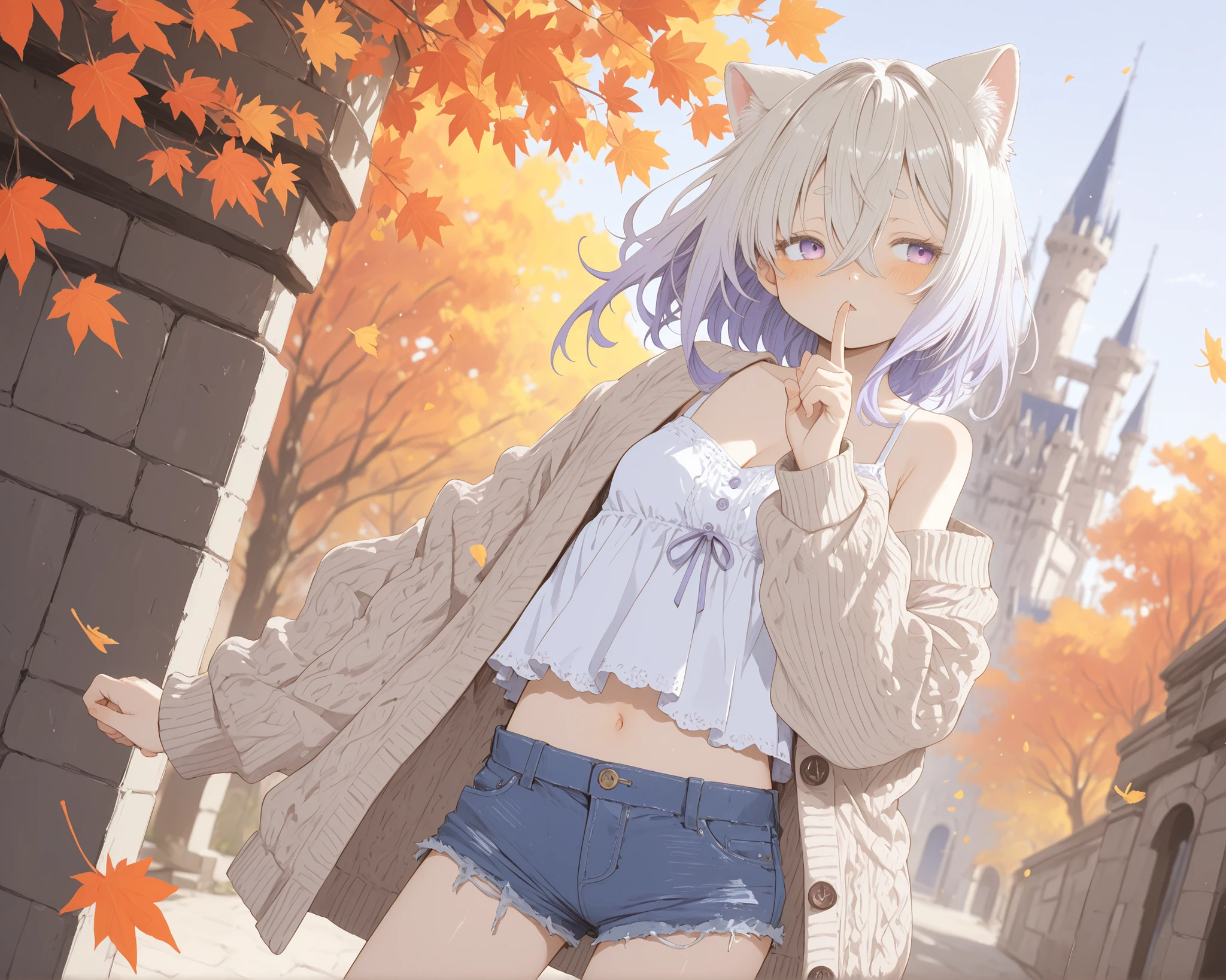 ((Abara Heiki style)), ((Masterpiece)), ((best quality, amazing quality)), ((very aesthetic, absurdres, newest)), ((detailed background, negative space, blurry background, depth of field, Asymmetrical background)), (dynamic angle, wide shot, from side), (cinematic lighting), ((1girl, solo)), cute young Girl, (Healthy Gaunt body, Textured skin, small , cleavage, tilt head), ((platinum-gold hair)), (Knit fabric Cardigan, pale brown Cardigan, Cardigan overhang), inner loose croptop, pure white croptop,  left shoulder, (short shorts, denim fabric shorts, Navy blue shorts), (messy medium hair), (hair between eyes, long bangs, long side bangs), gradient hair, violet color Hair Tip, beautiful collarbones, BREAK ((sad face, blush, triangle mouth)), Thin and short eyebrows, troubled eyebrows, (cute cheeks), glossy lips, pouty lips, (lower eyelashes), (fuzzy cat ears), ((pale purple eyes, gradient eyes, averting eyes, looking at side)), (shushing), cute navel, outdoor, contrapposto under the castle gateway, aged gateway, (under the castle gateway, In front of Cinderella Castle), wind blow, intense sunlight, ((autumn atmosphere)), 