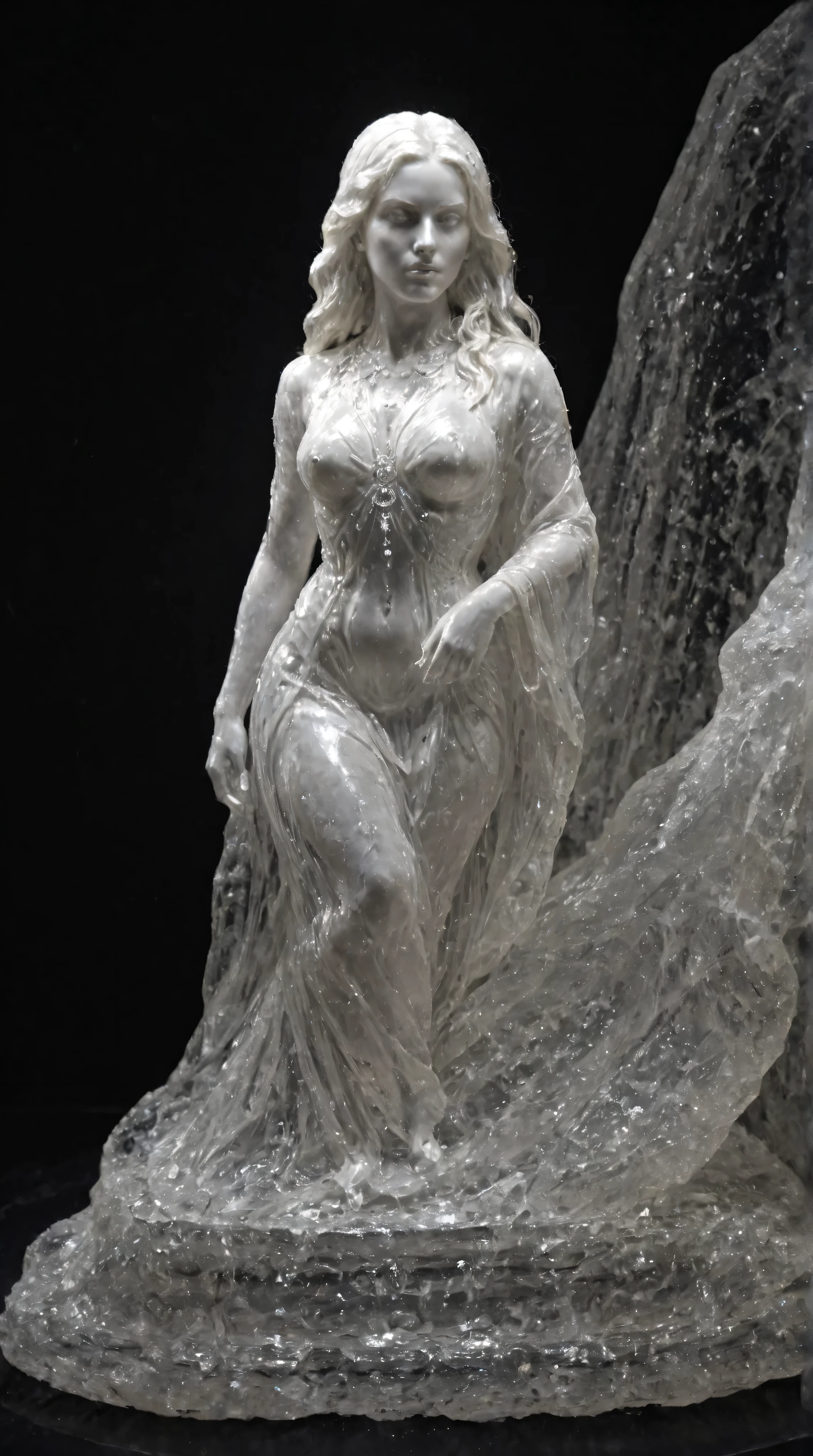 Black background, glowing, high contrast, digital art, cmth, crystal, A life size mostly clear cmth statue of a beautiful young woman who is 5ft. 7in. tall and has very long wavy hair, wearing a small dress and high heels, the statue is made completely out of solid cmth, partially see-through clear with whitish lines going through it. Cmth woman statue, clavo statue, speed lines, ultra-realistic, photo-realistic, ultra-detailed, physically-based rendering, 3D rendered realism, clear crisp images, hyperrealistic, startling presence, icon style, intricate textures, iconic character, hypersensual, , portrait photography,  cinematic portrait, cinematic lighting and shading, multiple views, clearly the sit! A masterpiece.