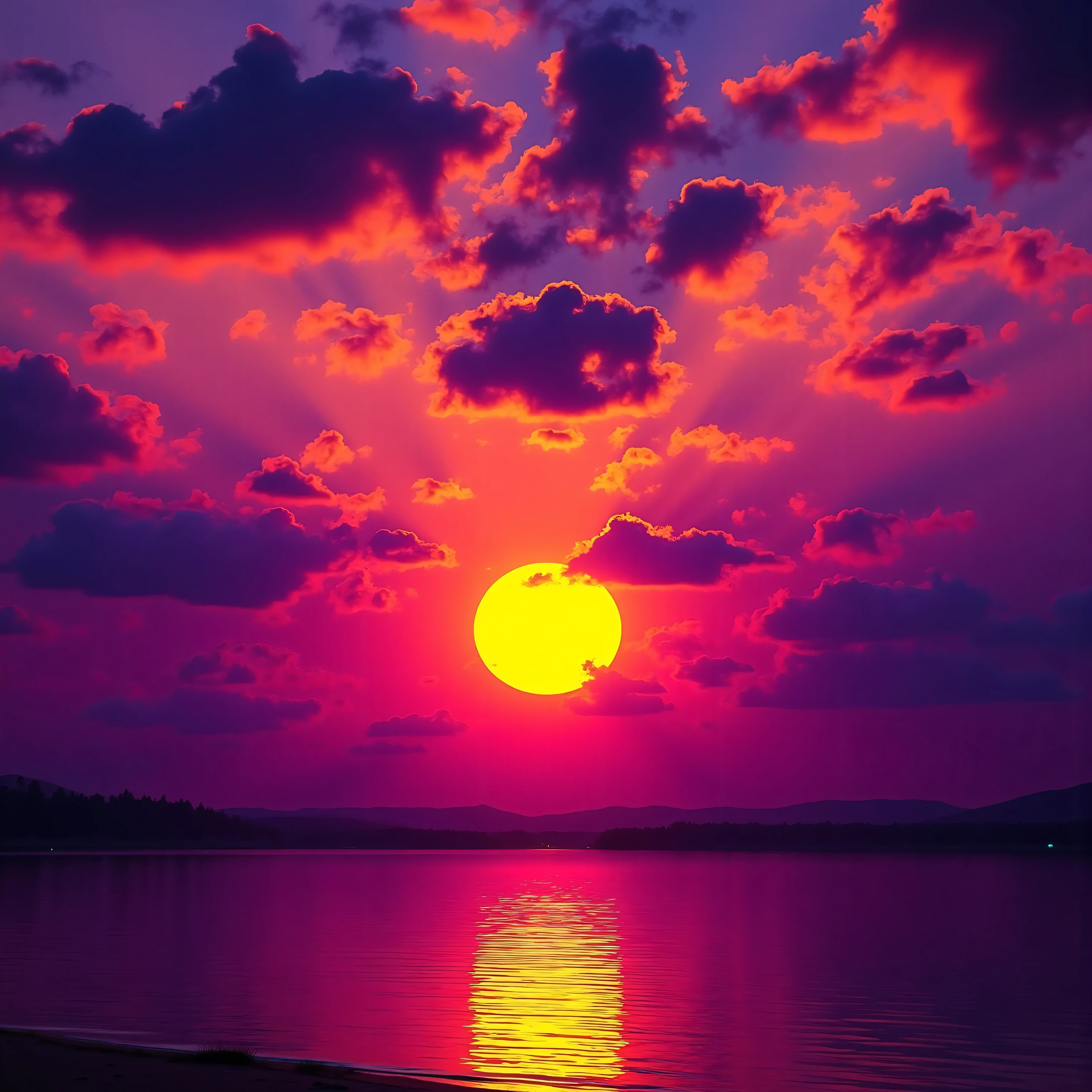 Ultra-realistic, photo-realistic, the most aesthetically incredible images of a sunset ever made. The fireball that is the sun appears overly large, orange, burnt orange, yellow, hanging low and overly bright in the sky, partially obscured by many cumulus clouds that have turned purple and purple-reddish as billowing filters for the bright sunlight. There is a lake below the sunset that reflects it perfectly like a mirror. Very colorful artwork. A combination of dark and bright colors contrasts beautifully together and then melts together nicely. Vibrant, dramatic lighting and shading within the image are enhanced by high-contrast lighting and coloration. Ultra-realistic, Photorealistic, 3D rendered realism, UHDR, highres, 8k Octane render, trending on artstation, stable diffusion and a dynamic fusion of landscape and a colorful atmospheric phenomenon. Visually striking composition and stunning masterpiece of out-of-this-world proportions. Experimental landscape art style in photorealism photography and lighting that highlights the textures of the lake and colorful clouds above. Optically stimulating and colorful clouds that bring the sunset to life. Otherworldly, surreal, whimsical, avant-garde, strange, and beautiful images.