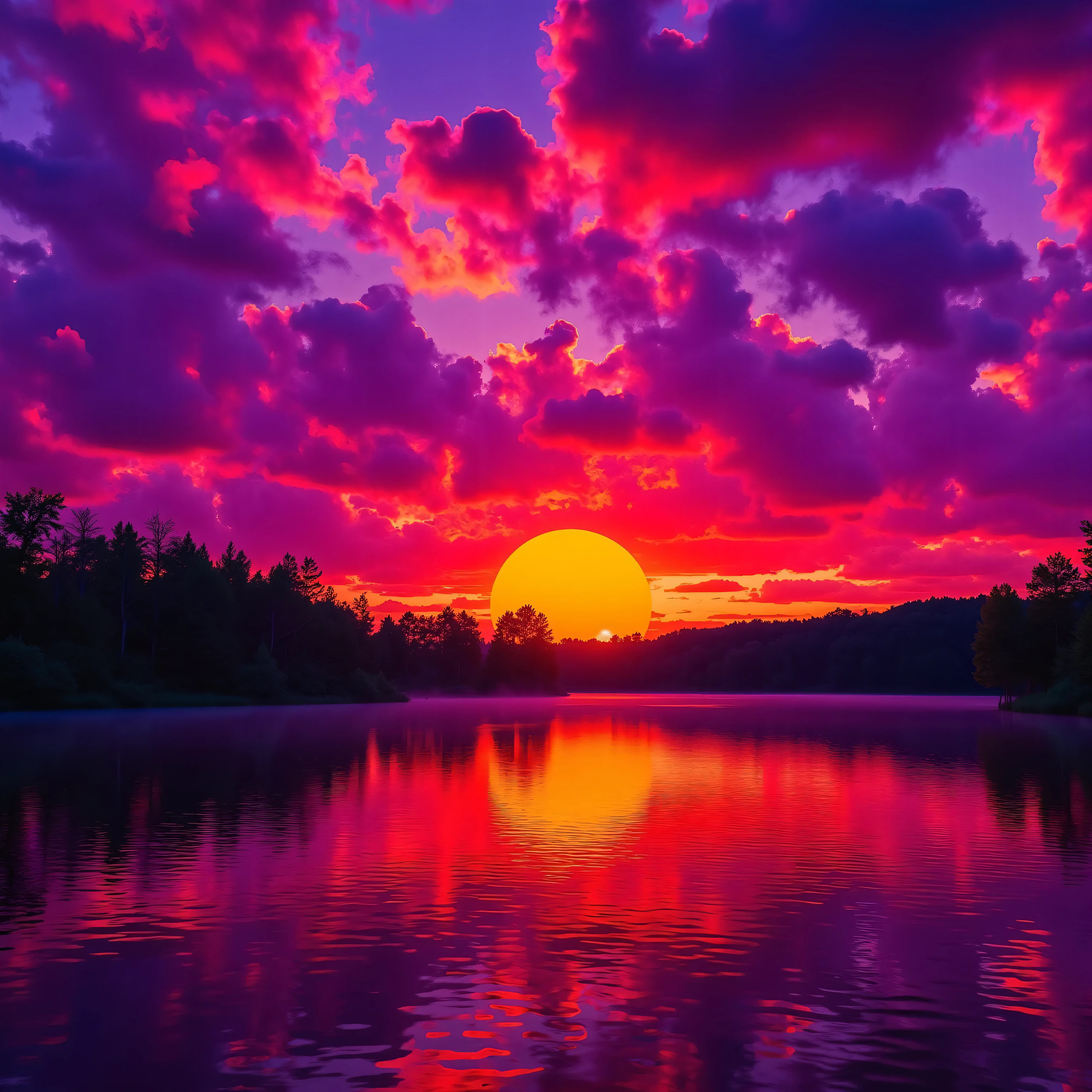 Ultra-realistic, photo-realistic, the most aesthetically incredible images of a sunset ever made. The fireball that is the sun appears overly large, orange, burnt orange, yellow, hanging low and overly bright in the sky, partially obscured by many cumulus clouds that have turned purple and purple-reddish as billowing filters for the bright sunlight. There is a lake below the sunset that reflects it perfectly like a mirror. Very colorful artwork. A combination of dark and bright colors contrasts beautifully together and then melts together nicely. Vibrant, dramatic lighting and shading within the image are enhanced by high-contrast lighting and coloration. Ultra-realistic, Photorealistic, 3D rendered realism, UHDR, highres, 8k Octane render, trending on artstation, stable diffusion and a dynamic fusion of landscape and a colorful atmospheric phenomenon. Visually striking composition and stunning masterpiece of out-of-this-world proportions. Experimental landscape art style in photorealism photography and lighting that highlights the textures of the lake and colorful clouds above. Optically stimulating and colorful clouds that bring the sunset to life. Otherworldly, surreal, whimsical, avant-garde, strange, and beautiful images.