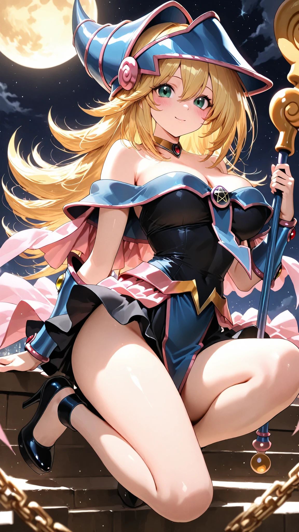 Dark Magician Girl wearing short Gothic modern clothing and platform pumps. With chains. With nothing on her head neither her hair.