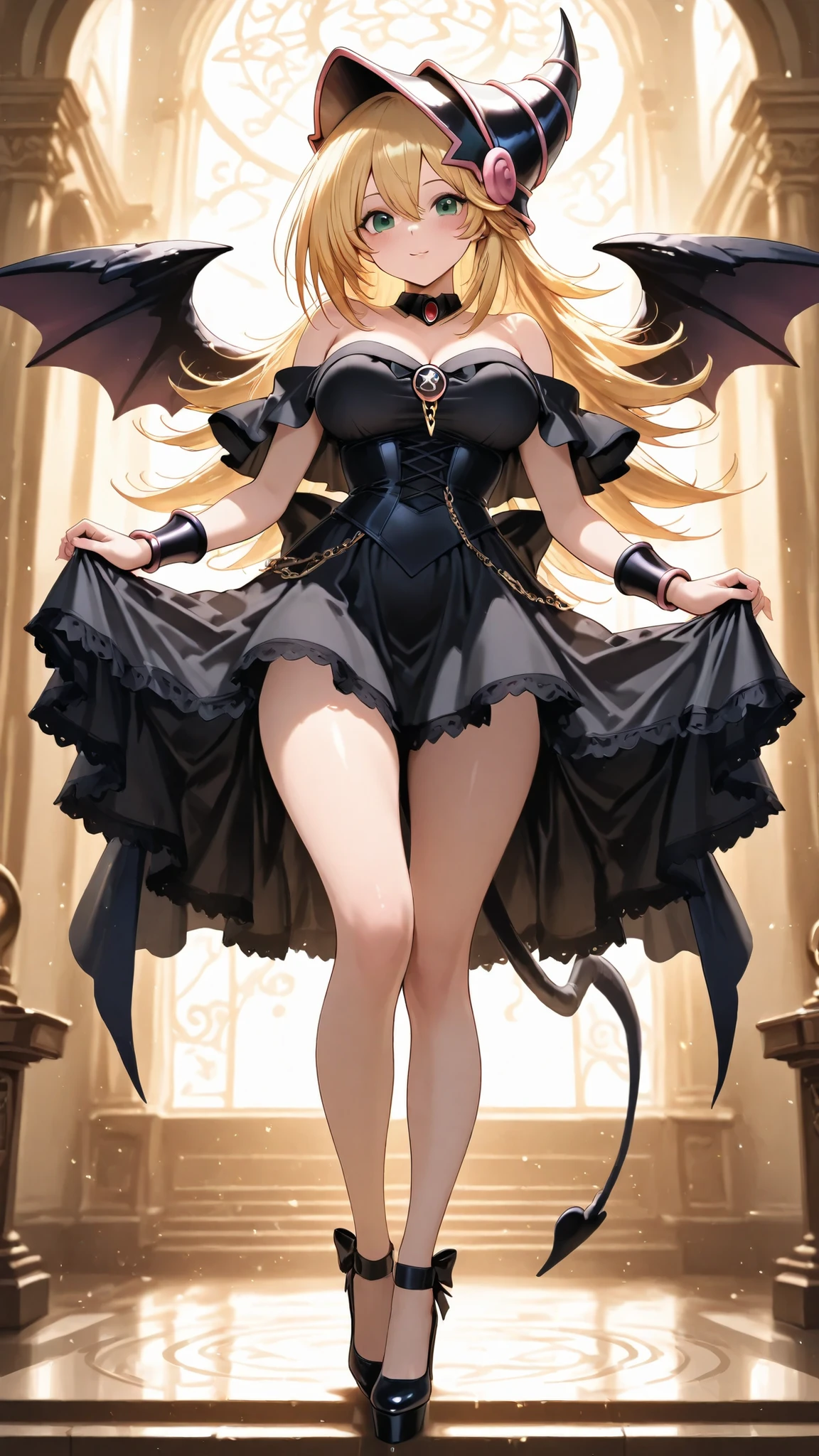 Dark Magician Girl wearing short Gothic modern clothing and platform pumps. With chains. With nothing on her head neither her hair.