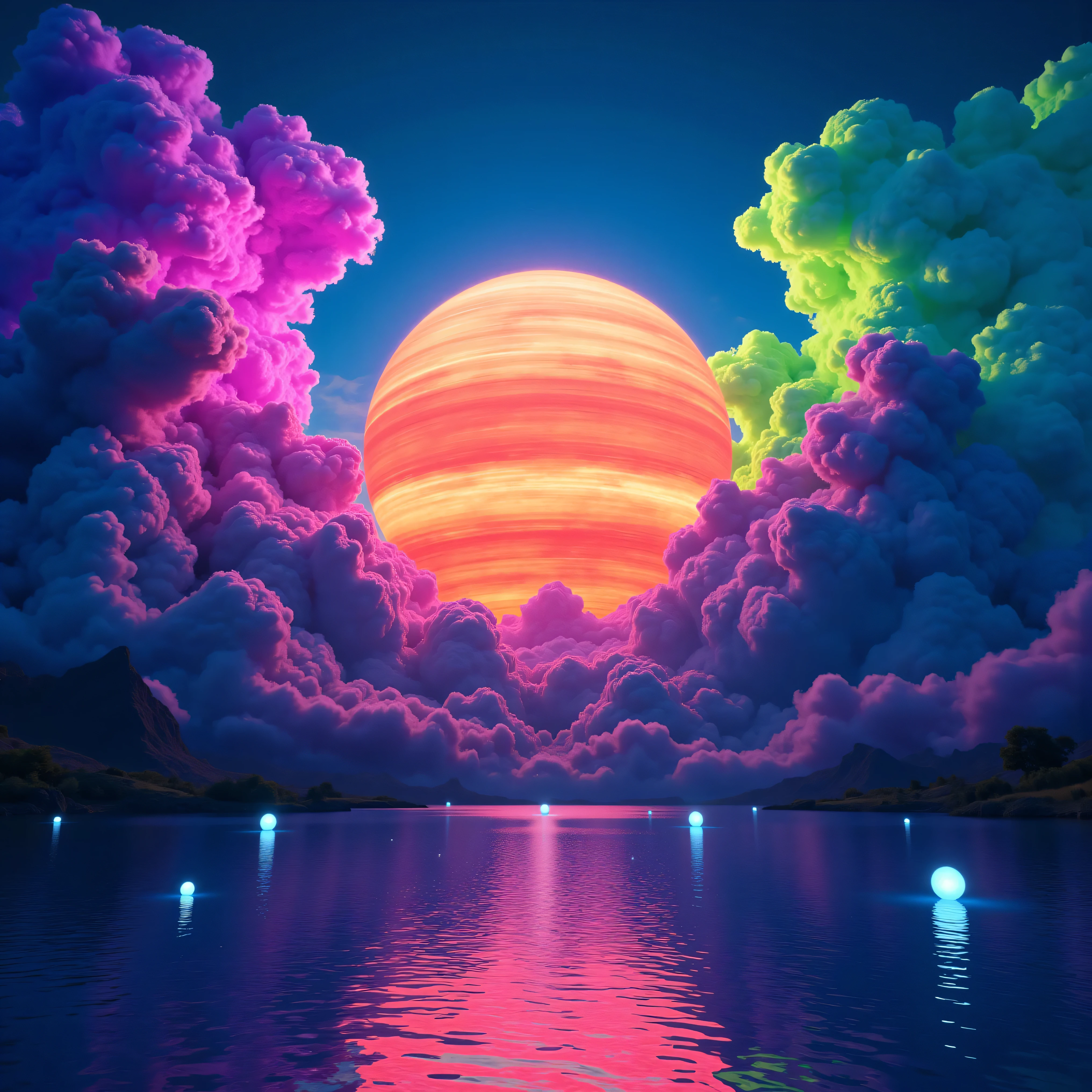 Ultra-realistic, photo-realistic, ultra-detailed, bright vibrant colors, 3D rendered realism, clear crisp images, hyperrealistic. An electric blue sky filled with very large cumulus clouds that are purple, neon pink, and red, with smaller dark green and light lime green billowing clouds in front of these, and both layers are partially covering an oversized sun that hovers like a gigantic orange fireball in the sky. Attention to the texture of the clouds and the reflection in the lake water. Incorporate strangely lit orbs, that float above the water's surface. 8k, high-res, surrealism, aesthetically incredible and dramatic, cinematic photography, cinematic composition, icon style, intricate textures and details, best quality, vivid colors, realistic-looking, hyperrealistic, 3D rendered realism, UHDR, octane render, trending on artstation, stable diffusion, cinematic lighting and shading, cinematography, a masterpiece.
