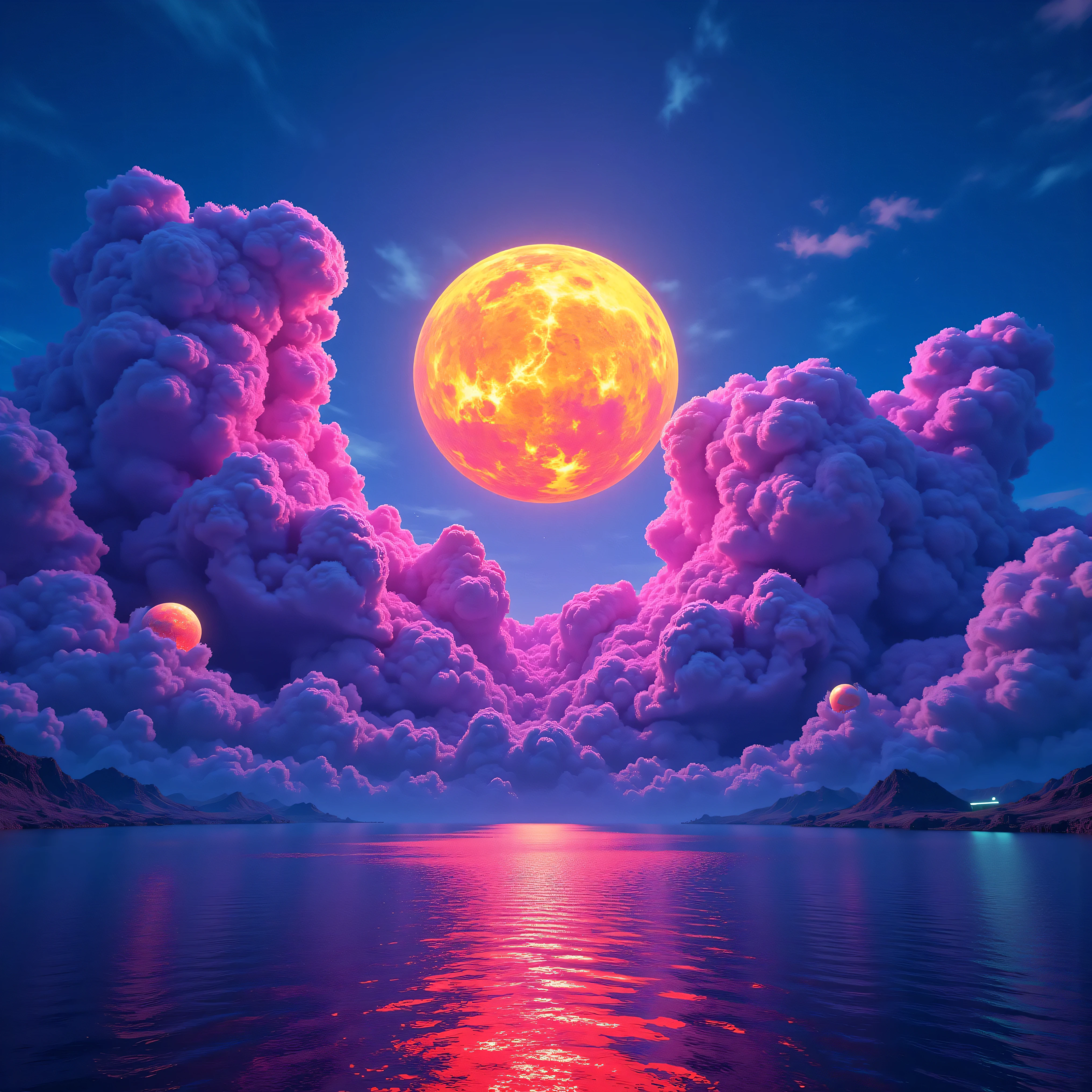 Ultra-realistic, photo-realistic, ultra-detailed, bright vibrant colors, 3D rendered realism, clear crisp images, hyperrealistic. An electric blue sky filled with very large cumulus clouds that are purple, neon pink, and red, with smaller dark green and light lime green billowing clouds in front of these, and both layers are partially covering an oversized sun that hovers like a gigantic orange fireball in the sky. Attention to the texture of the clouds and the reflection in the lake water. Incorporate strangely lit orbs, that float above the water's surface. 8k, high-res, surrealism, aesthetically incredible and dramatic, cinematic photography, cinematic composition, icon style, intricate textures and details, best quality, vivid colors, realistic-looking, hyperrealistic, 3D rendered realism, UHDR, octane render, trending on artstation, stable diffusion, cinematic lighting and shading, cinematography, a masterpiece.