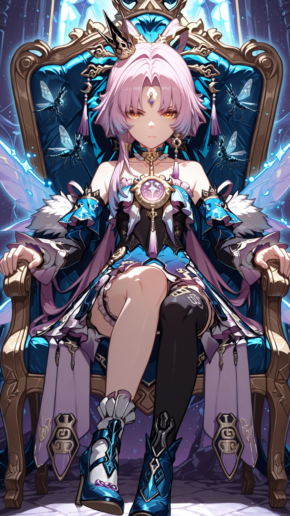 hi3style, masterpiece, perfect_quality, perfect style, 1girl, Fu_Xuan, pink hair, orange eyes, low twintails, single sidelock, hair ornament, forehead jewel, earrings, cerydra, crown, mini crown, black thighhighs, blue dress, hair bow, black bow, detached sleeves, asymmetrical legwear, frills, bare shoulders, collarbone,  thigh strap, thighhighs, blue footwear, high heels, fur trim, single thighhigh, wings, serious, sitting on throne,(flies and bugs), apocalypse