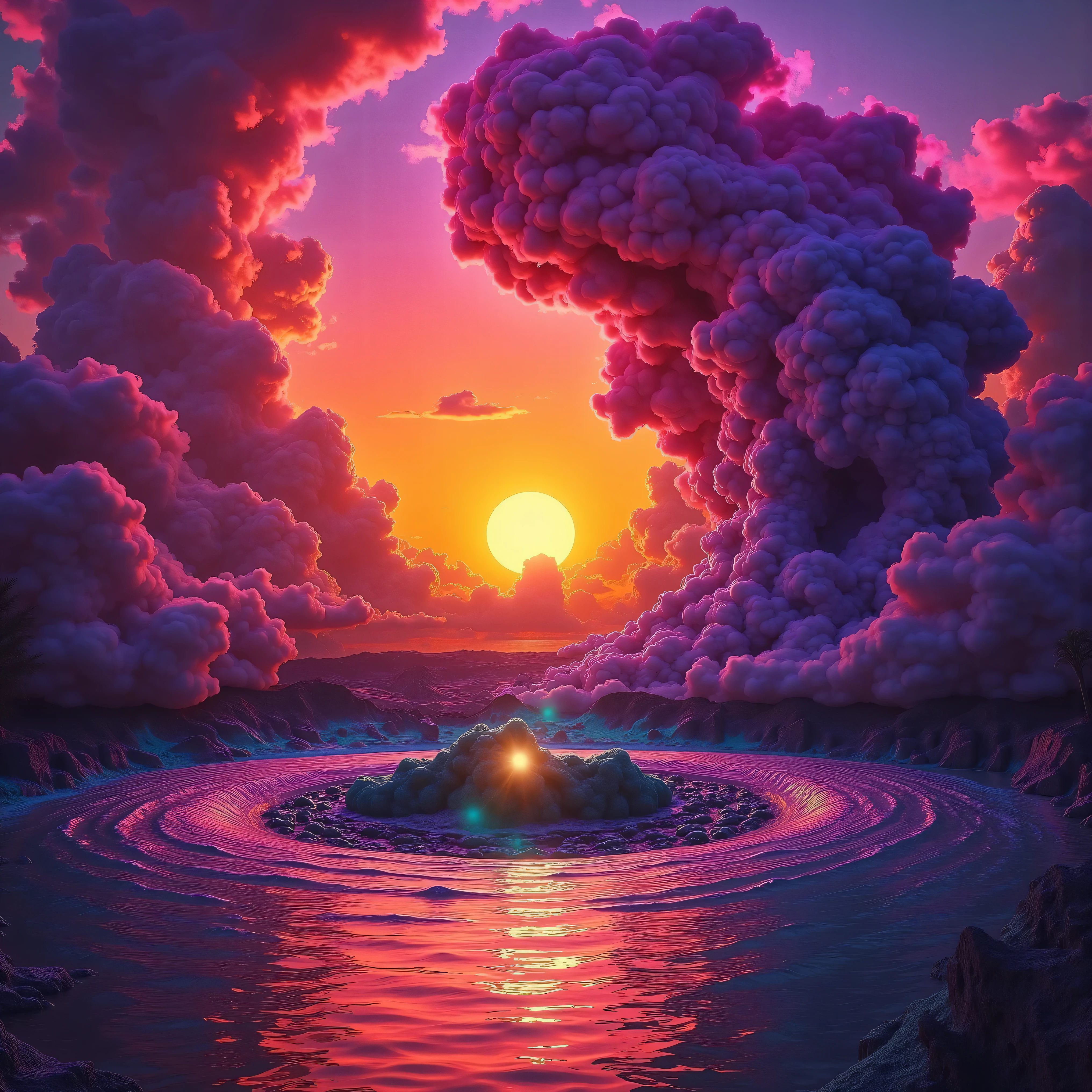 Ultra-realistic, photo-realistic, ultra-detailed the most aesthetically incredible images of a sunset ever made. The fireball that is the sun appears overly large, orange, burnt orange, yellow, hanging low, and overly bright in the sky, partially obscured by many cumulus clouds that have turned purple and purple-red as billowing filters for the bright sunlight. There is a lake below the sunset that reflects it perfectly like a mirror. Directly in the middle of the lake view there is a great whirlpool building up, and as it swirls around in a perfectly symmetrical circle of a vortex, it reveals different colored waters pushing through each other.  One dark forest green colored cumulus cloud above this whirlpool is what appears to be slime green thick liquid pouring heavily out of it and is quickly absorbed by the spinning churning pool down below. Very colorful artwork. A combination of dark and bright colors contrasts beautifully together and then melts together nicely. Vibrant, dramatic lighting and shading within the image are enhanced by high-contrast lighting and coloration. Ultra-realistic, Photorealistic, 3D rendered realism, UHDR, highres, 8k Octane render, trending on artstation, stable diffusion, and a dynamic fusion of landscape and a colorful atmospheric phenomenon. Cinematic photography, icon style, cinematography.  Visually striking composition and stunning masterpiece of out-of-this-world proportions. Experimental landscape art style in photorealism photography and lighting that highlights the textures of the lake and colorful clouds above. Optically stimulating and colorful clouds that bring the sunset to life. Otherworldly, surreal, whimsical, avant-garde, strange, and beautiful images. A masterpiece. 

