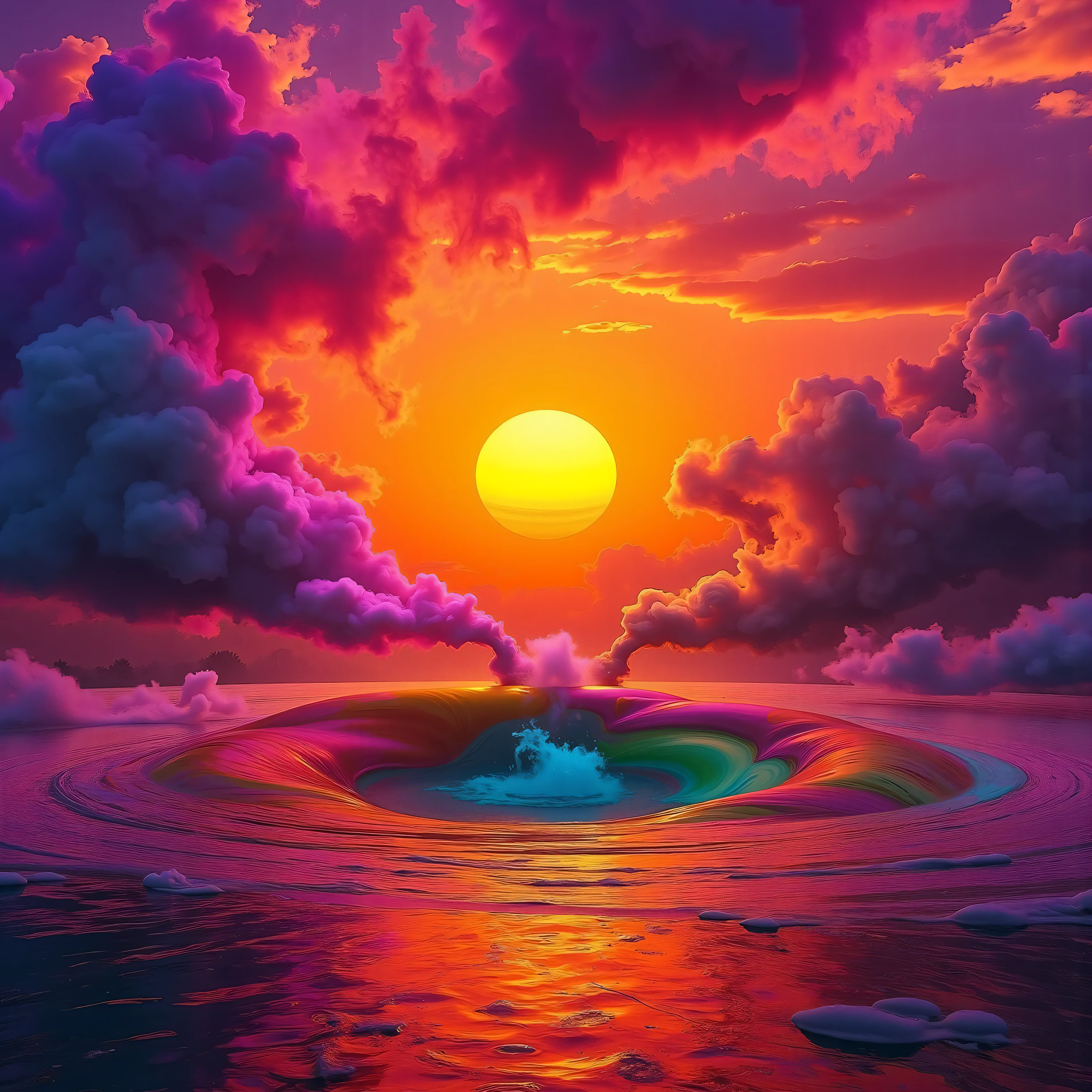 Ultra-realistic, photo-realistic, ultra-detailed the most aesthetically incredible images of a sunset ever made. The fireball that is the sun appears overly large, orange, burnt orange, yellow, hanging low, and overly bright in the sky, partially obscured by many cumulus clouds that have turned purple and purple-red as billowing filters for the bright sunlight. There is a lake below the sunset that reflects it perfectly like a mirror. Directly in the middle of the lake view there is a great whirlpool building up, and as it swirls around in a perfectly symmetrical circle of a vortex, it reveals different colored waters pushing through each other.  One dark forest green colored cumulus cloud above this whirlpool is what appears to be slime green thick liquid pouring heavily out of it and is quickly absorbed by the spinning churning pool down below. Very colorful artwork. A combination of dark and bright colors contrasts beautifully together and then melts together nicely. Vibrant, dramatic lighting and shading within the image are enhanced by high-contrast lighting and coloration. Ultra-realistic, Photorealistic, 3D rendered realism, UHDR, highres, 8k Octane render, trending on artstation, stable diffusion, and a dynamic fusion of landscape and a colorful atmospheric phenomenon. Cinematic photography, icon style, cinematography.  Visually striking composition and stunning masterpiece of out-of-this-world proportions. Experimental landscape art style in photorealism photography and lighting that highlights the textures of the lake and colorful clouds above. Optically stimulating and colorful clouds that bring the sunset to life. Otherworldly, surreal, whimsical, avant-garde, strange, and beautiful images. A masterpiece. 

