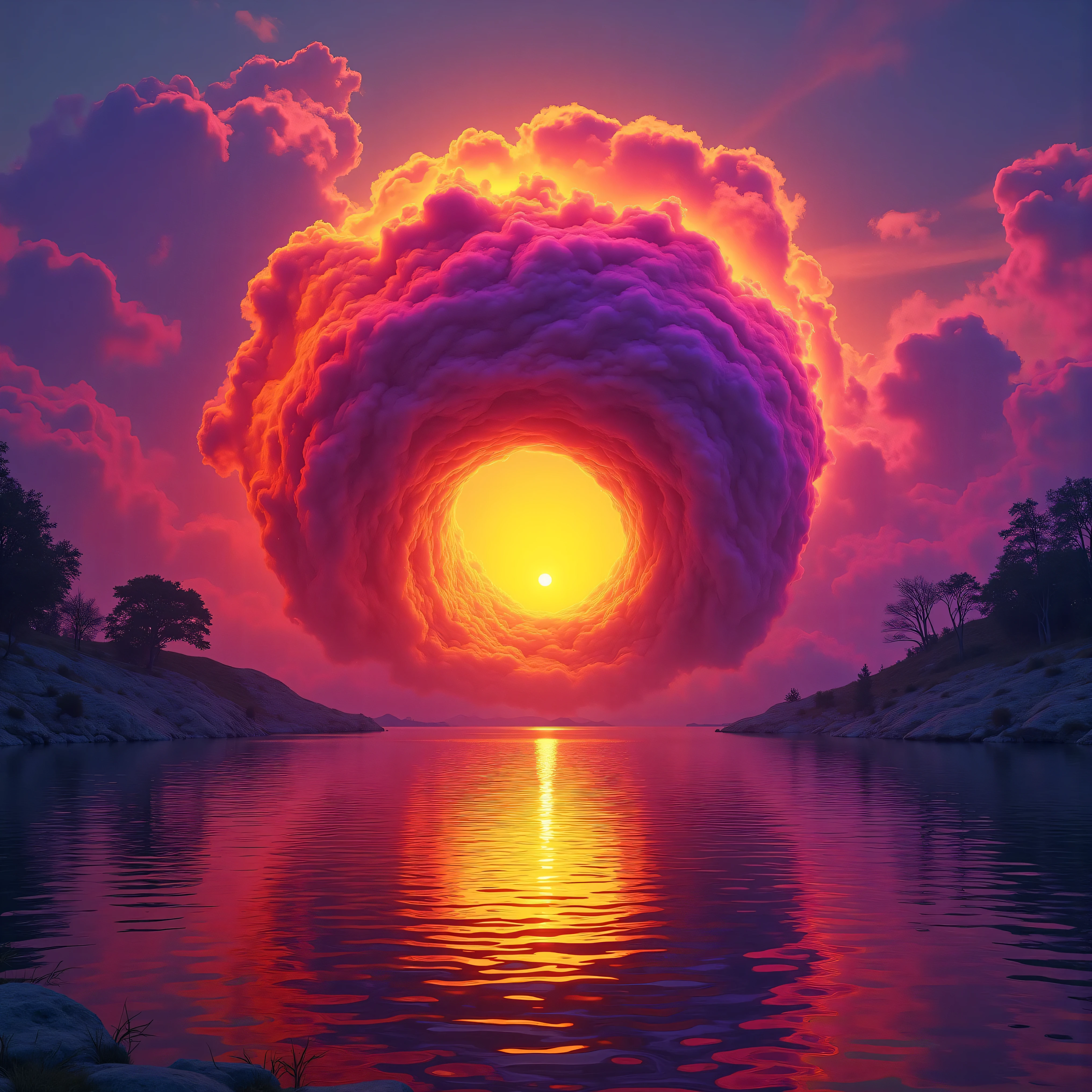 Ultra-realistic, photo-realistic, ultra-detailed the most aesthetically incredible images of a sunset ever made. The fireball that is the sun appears overly large, orange, burnt orange, yellow, hanging low, and overly bright in the sky, partially obscured by many cumulus clouds that have turned purple and purple-red as billowing filters for the bright sunlight. There is a lake below the sunset that reflects it perfectly like a mirror. Directly in the middle of the lake view there is a great whirlpool building up, and as it swirls around in a perfectly symmetrical circle of a vortex, it reveals different colored waters pushing through each other.  One dark forest green colored cumulus cloud above this whirlpool is what appears to be slime green thick liquid pouring heavily out of it and is quickly absorbed by the spinning churning pool down below. Very colorful artwork. A combination of dark and bright colors contrasts beautifully together and then melts together nicely. Vibrant, dramatic lighting and shading within the image are enhanced by high-contrast lighting and coloration. Ultra-realistic, Photorealistic, 3D rendered realism, UHDR, highres, 8k Octane render, trending on artstation, stable diffusion, and a dynamic fusion of landscape and a colorful atmospheric phenomenon. Cinematic photography, icon style, cinematography.  Visually striking composition and stunning masterpiece of out-of-this-world proportions. Experimental landscape art style in photorealism photography and lighting that highlights the textures of the lake and colorful clouds above. Optically stimulating and colorful clouds that bring the sunset to life. Otherworldly, surreal, whimsical, avant-garde, strange, and beautiful images. A masterpiece. 

