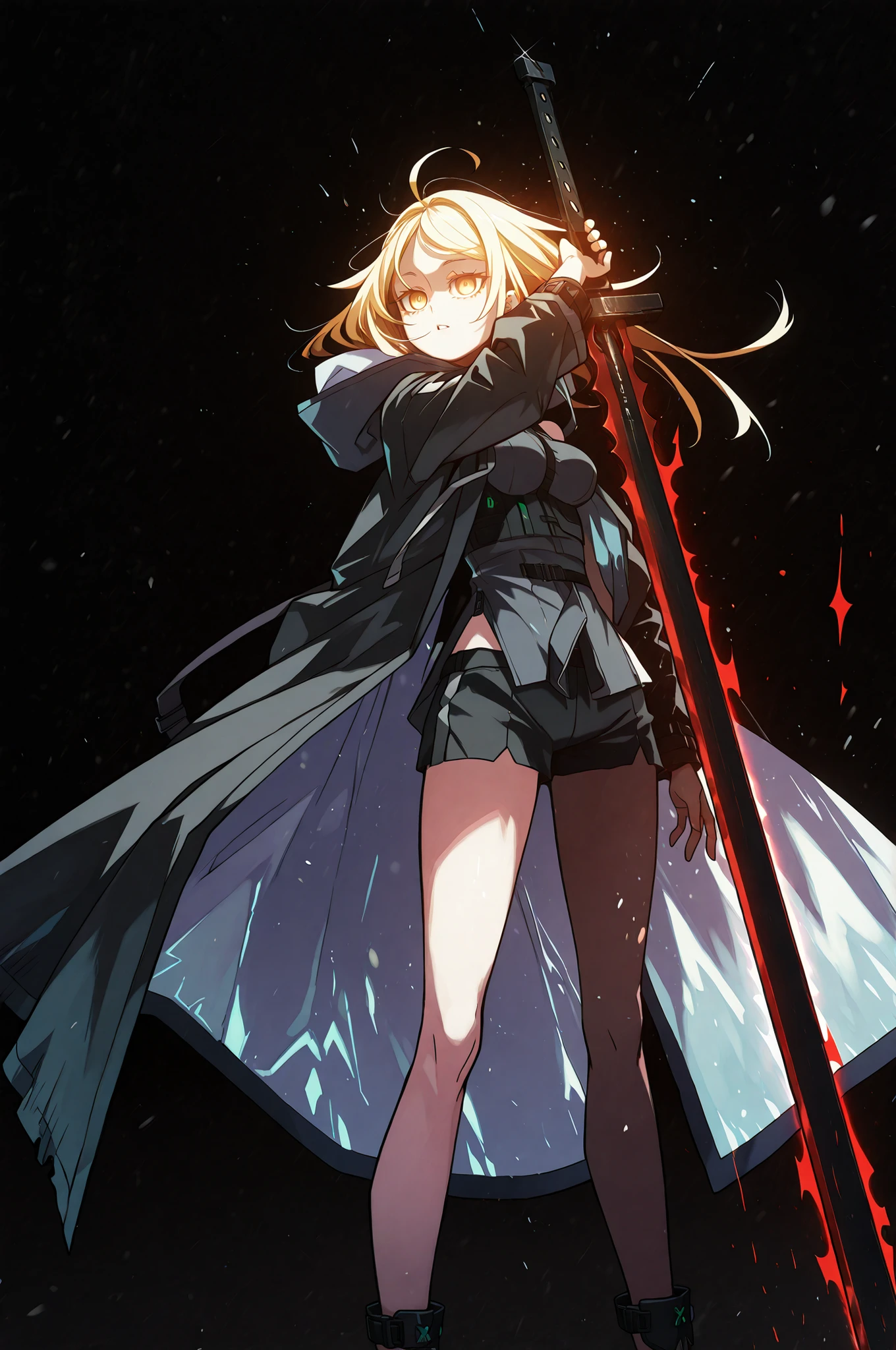 Alone, 1 girl, solitary female character, a teenage girl about 1.5 meters tall. She stands against a deep black background, standing out vividly. Physique and height identical to Terakomari Gandesblood from The Vexations of a Shut-In Vampire Princess. She smiles confidently and seductively. Her face is identical to Sylpha Langlis from Tensei Shitara Dai Nana Ōji.
She has long blonde hair styled like Kiss-Shot Acerola-Orion Heart-Under-Blade from Kizumonogatari / Bakemonogatari. Hair styled in the Shikei style. Golden eyes. She wears no hood; her head is completely uncovered.
Sensual pose, wide , , slim waist, petite body.
Clothing:
She wears a black tactical military blouse, black shorts, and black military boots like La Pluma’s from Arknights. The main detail is her black coat with red accents — identical to La Pluma’s coat from Arknights: same fabric, cut, red details, hood, zippers, and proportions. She does not wear a hood; her head is completely uncovered. She does not wear a hood; her head is completely uncovered.
Pose and Expression:
In her right hand she conjures a large red flame with black details.
In her left hand she holds an immense black sword with a red blade. The sword looks like stone, cracked, radiating energy. Energy flows through the fractures.
Atmosphere and Style:
Black background with cinematic lighting. Youthful energy. Ultra-detailed, sharp, clean anime style. Deep black background with cinematic lighting emphasizing her short stature and powerful aura. Perfect image, perfect face, perfect eyes, hair styled in the Shikei style.
