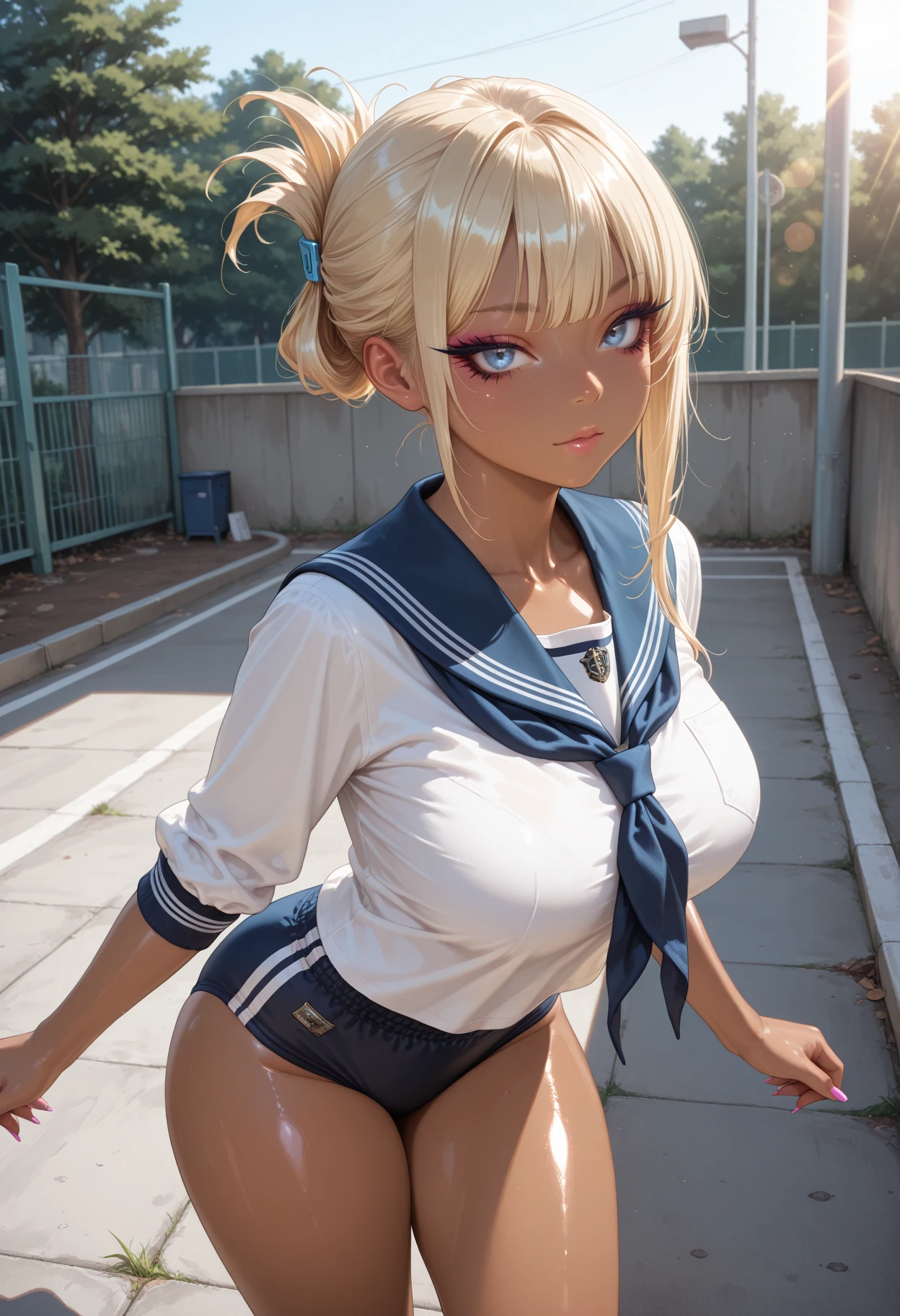 1 woman, HD quality, (sitting with hands back:1.3), (????????? to limit:), (with one knee up), (showing  pubic area:1.5), (under boob:1.5), (?????????????), (cleavage), (??????:1.5), (??????:1.3), smiling, crying, (thin thighs:1.3),(Sailor uniform only for the upper body:1.5), (Crop Top white shirt:1.5), (micro ?????:1.8), at night, poolside, (Green detailed eyes), blue sailor collar, (high-heeled shoes:), red ribbon tie