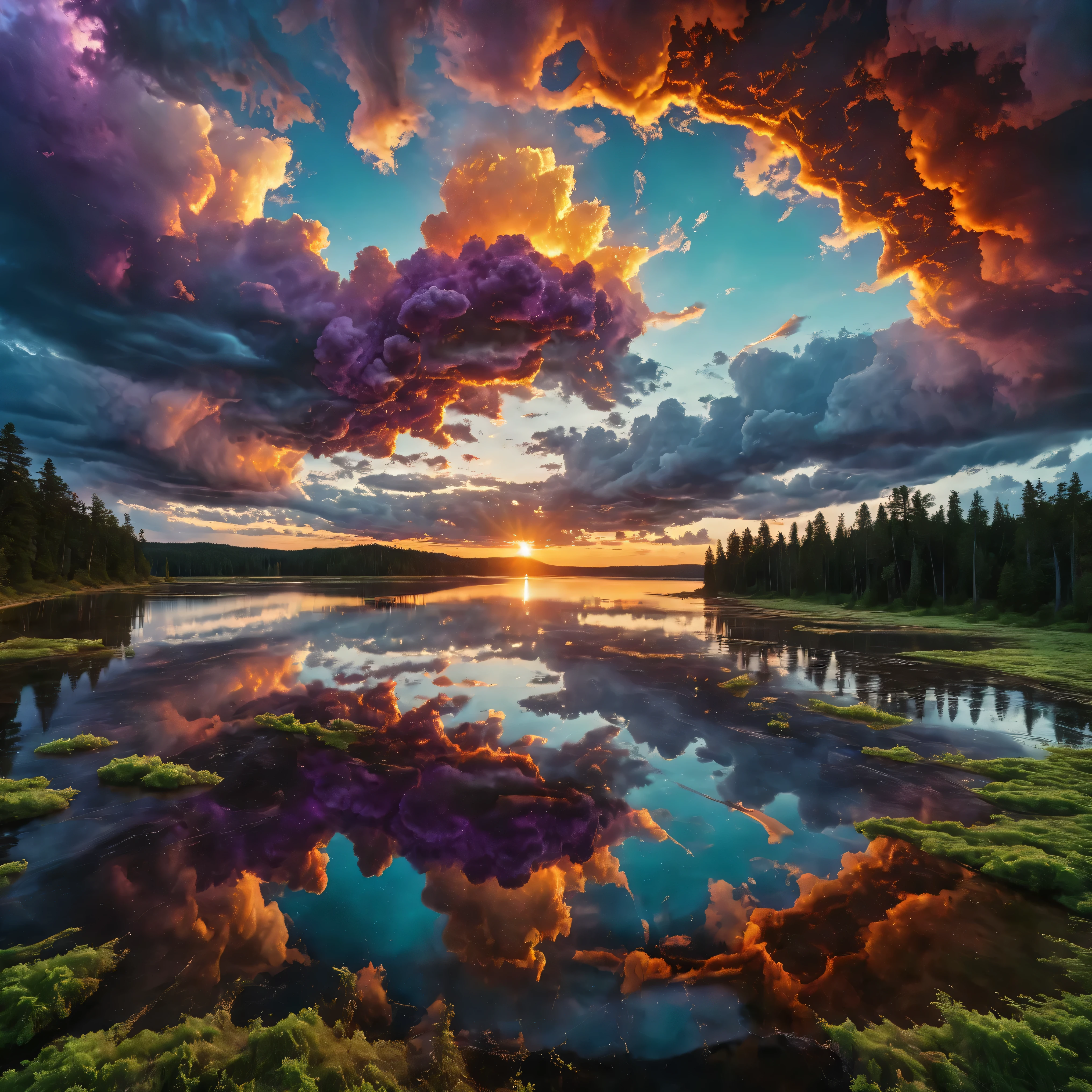 Ultra-realistic, photo-realistic, the most aesthetically incredible images of a sunset ever made. The fireball that is the sun appears overly enormous and low and overly bright in the sky, partially obscured by many cumulus clouds that have turned purple and purple-reddish as billowing filters for the bright sunlight. There is a lake below the sunset that reflects it perfectly like a mirror. Directly in the middle of the lake view there is a great whirlpool building up, and as it swirls around in a perfectly symmetrical circle of a vortex, it reveals different colored waters pushing through each other. One dark forest green colored cumulus cloud above this whirlpool is what appears to be slime green thick liquid pouring heavily out of it and is quickly absorbed by the spinning churning pool down below. Very colorful artwork. A combination of dark and bright colors contrasts beautifully together and then melts together nicely. Vibrant, dramatic lighting and shading within the image are enhanced by high-contrast lighting and coloration. Ultra-realistic, Photorealistic, 3D rendered realism, UHDR, highres, 8k Octane render, trending on artstation, stable diffusion and a dynamic fusion of landscape and a colorful atmospheric phenomenon. Visually striking composition and stunning masterpiece of out-of-this-world proportions. Experimental landscape art style in photorealism photography and lighting that highlights the textures of the lake and colorful clouds above. Optically stimulating and colorful clouds that bring the sunset to life. Otherworldly, surreal, whimsical, avant-garde, and beautiful images.
Ultra-realistic, photo-realistic, bright vibrant colors, 3D rendered realism, clear crisp images, hyperrealistic,
An electric blue sky filled with very large double mushroom clouds that are large dark green cumulus clouds, with light lime green and white billowing clouds in front of these, and both layers are partially covering an oversized sun that hovers like a gigantic orange fireball intricately incorporating tiny fragments of purple stitching contained within it. The heavy green clouds empty out a slime green liquid that is dumped in large amounts into the dark waters of a large lake below. The lake has rings of slime green with dark water in between these rings where the slime green liquid has dropped into the lake in different places. The slime separates from the dark waters like oil does. Bright vibrant colors, attention to texture on the clouds and water, 8k, high-res, surrealism, aesthetically incredible and dramatic, cinematic photography, cinematic composition, icon style, intricate textures and details, best quality, vivid colors, realistic-looking, hyperrealistic, 3D rendered realism, UHDR, octane render, trending on artstation, stable diffusion, cinematic lighting and shading, cinematography, a masterpiece.