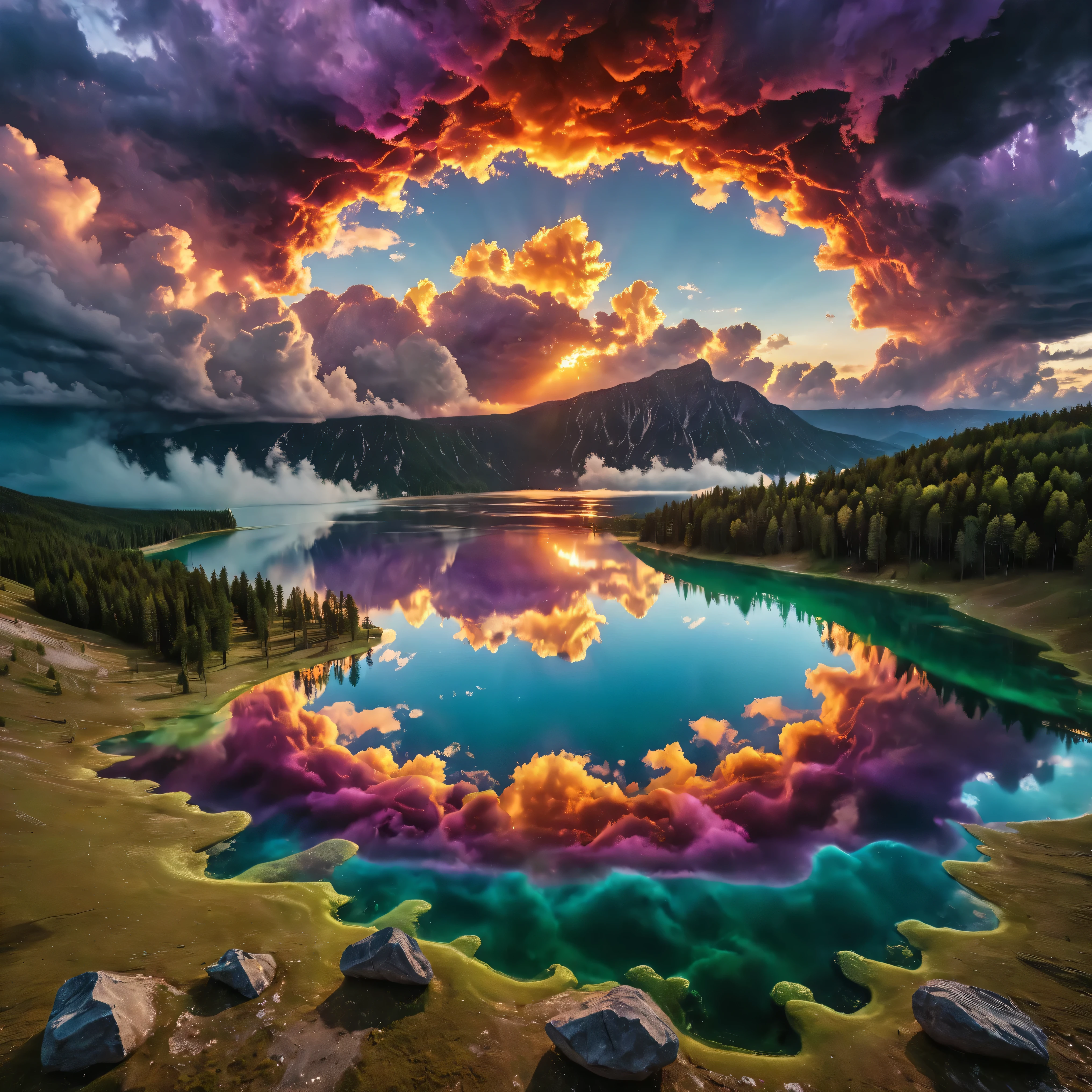 Ultra-realistic, photo-realistic, the most aesthetically incredible images of a sunset ever made. The fireball that is the sun appears overly enormous and low and overly bright in the sky, partially obscured by many cumulus clouds that have turned purple and purple-reddish as billowing filters for the bright sunlight. There is a lake below the sunset that reflects it perfectly like a mirror. Directly in the middle of the lake view there is a great whirlpool building up, and as it swirls around in a perfectly symmetrical circle of a vortex, it reveals different colored waters pushing through each other. One dark forest green colored cumulus cloud above this whirlpool is what appears to be slime green thick liquid pouring heavily out of it and is quickly absorbed by the spinning churning pool down below. Very colorful artwork. A combination of dark and bright colors contrasts beautifully together and then melts together nicely. Vibrant, dramatic lighting and shading within the image are enhanced by high-contrast lighting and coloration. Ultra-realistic, Photorealistic, 3D rendered realism, UHDR, highres, 8k Octane render, trending on artstation, stable diffusion and a dynamic fusion of landscape and a colorful atmospheric phenomenon. Visually striking composition and stunning masterpiece of out-of-this-world proportions. Experimental landscape art style in photorealism photography and lighting that highlights the textures of the lake and colorful clouds above. Optically stimulating and colorful clouds that bring the sunset to life. Otherworldly, surreal, whimsical, avant-garde, and beautiful images.
Ultra-realistic, photo-realistic, bright vibrant colors, 3D rendered realism, clear crisp images, hyperrealistic,
An electric blue sky filled with very large double mushroom clouds that are large dark green cumulus clouds, with light lime green and white billowing clouds in front of these, and both layers are partially covering an oversized sun that hovers like a gigantic orange fireball intricately incorporating tiny fragments of purple stitching contained within it. The heavy green clouds empty out a slime green liquid that is dumped in large amounts into the dark waters of a large lake below. The lake has rings of slime green with dark water in between these rings where the slime green liquid has dropped into the lake in different places. The slime separates from the dark waters like oil does. Bright vibrant colors, attention to texture on the clouds and water, 8k, high-res, surrealism, aesthetically incredible and dramatic, cinematic photography, cinematic composition, icon style, intricate textures and details, best quality, vivid colors, realistic-looking, hyperrealistic, 3D rendered realism, UHDR, octane render, trending on artstation, stable diffusion, cinematic lighting and shading, cinematography, a masterpiece.