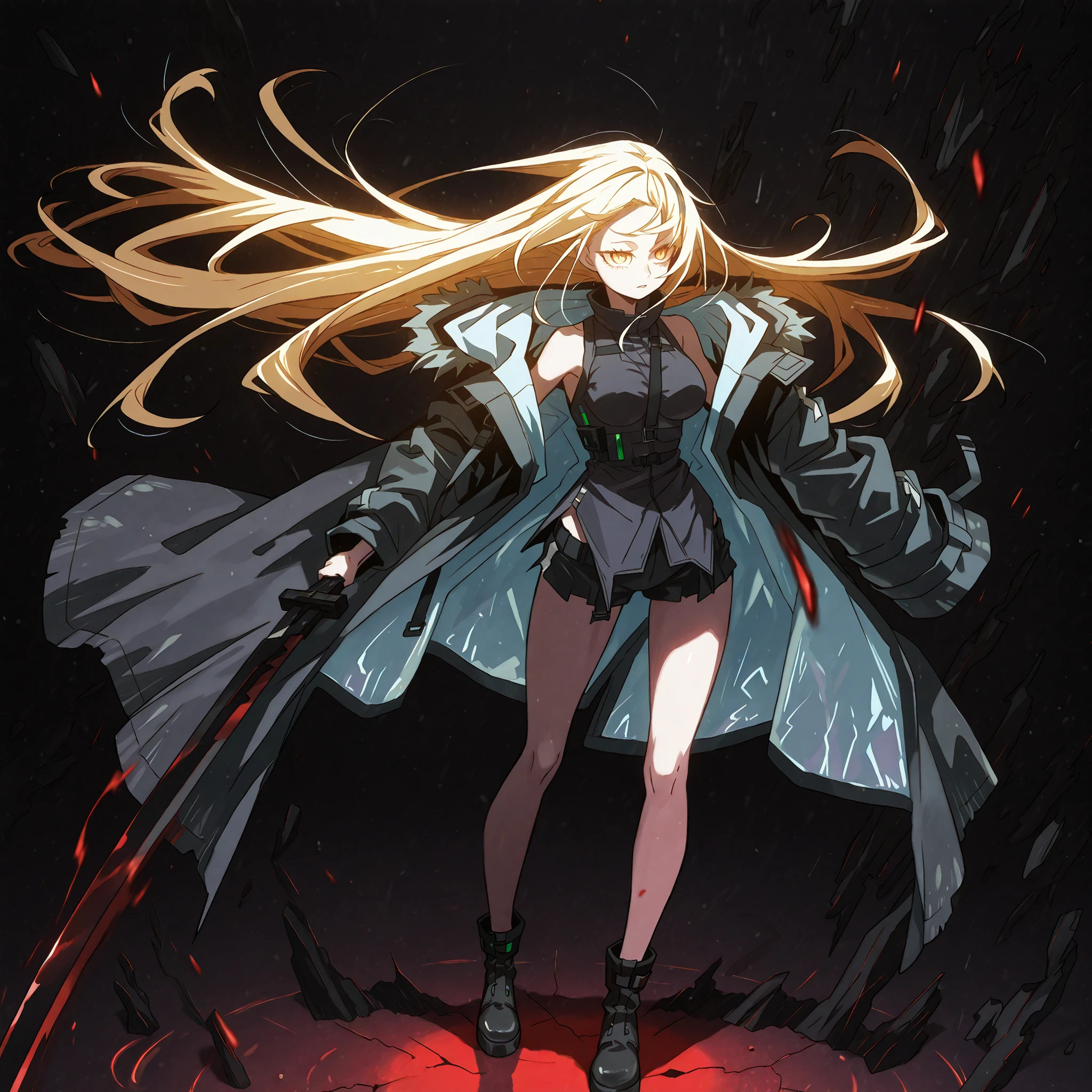 Alone, 1 girl, solitary female character, a teenage girl about 1.5 meters tall. She stands against a deep black background, standing out vividly. Physique and height identical to Terakomari Gandesblood from The Vexations of a Shut-In Vampire Princess. She smiles confidently and seductively. Her face is identical to Sylpha Langlis from Tensei Shitara Dai Nana Ōji.

She has long blonde hair styled like Kiss-Shot Acerola-Orion Heart-Under-Blade from Kizumonogatari / Bakemonogatari. Hair styled in the Shikei style. Golden eyes. She wears no hood; her head is completely uncovered.

Sensual pose, wide , , slim waist, petite body.

Clothing:
She wears a black tactical military blouse, black shorts, and black military boots like La Pluma’s from Arknights. The main detail is her black coat with red accents — identical to La Pluma’s coat from Arknights: same fabric, cut, red details, hood, zippers, and proportions. She does not wear a hood; her head is completely uncovered. She does not wear a hood; her head is completely uncovered.

Pose and Expression:
In her right hand she conjures a large red flame with black details.
In her left hand she holds an immense black sword with a red blade. The sword looks like stone, cracked, radiating energy. Energy flows through the fractures.

Atmosphere and Style:
Black background with cinematic lighting. Youthful energy. Ultra-detailed, sharp, clean anime style. Deep black background with cinematic lighting emphasizing her short stature and powerful aura. Perfect image, perfect face, perfect eyes, hair styled in the Shikei style.