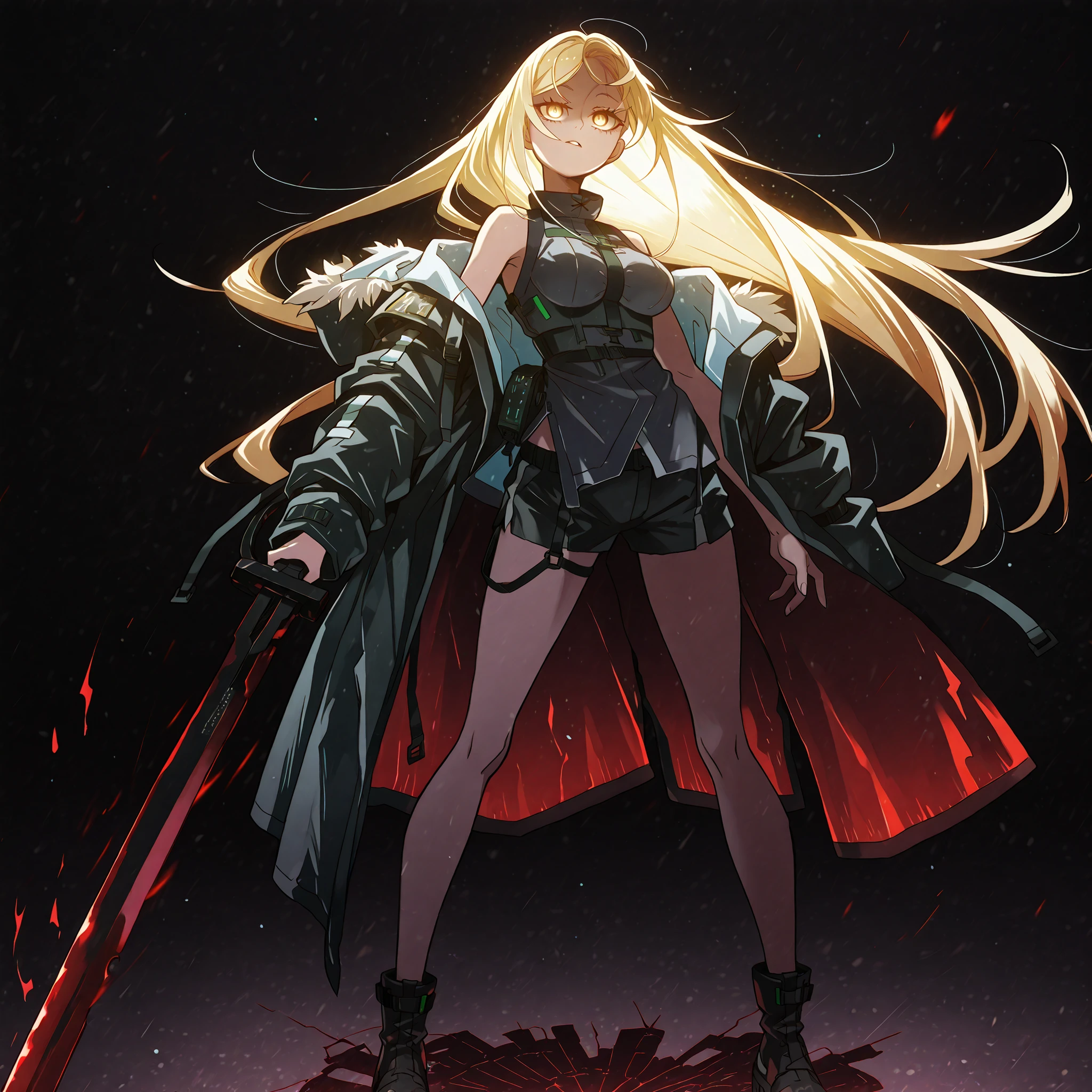 Alone, 1 girl, solitary female character, a teenage girl about 1.5 meters tall. She stands against a deep black background, standing out vividly. Physique and height identical to Terakomari Gandesblood from The Vexations of a Shut-In Vampire Princess. She smiles confidently and seductively. Her face is identical to Sylpha Langlis from Tensei Shitara Dai Nana Ōji.

She has long blonde hair styled like Kiss-Shot Acerola-Orion Heart-Under-Blade from Kizumonogatari / Bakemonogatari. Hair styled in the Shikei style. Golden eyes. She wears no hood; her head is completely uncovered.

Sensual pose, wide , , slim waist, petite body.

Clothing:
She wears a black tactical military blouse, black shorts, and black military boots like La Pluma’s from Arknights. The main detail is her black coat with red accents — identical to La Pluma’s coat from Arknights: same fabric, cut, red details, hood, zippers, and proportions. She does not wear a hood; her head is completely uncovered. She does not wear a hood; her head is completely uncovered.

Pose and Expression:
In her right hand she conjures a large red flame with black details.
In her left hand she holds an immense black sword with a red blade. The sword looks like stone, cracked, radiating energy. Energy flows through the fractures.

Atmosphere and Style:
Black background with cinematic lighting. Youthful energy. Ultra-detailed, sharp, clean anime style. Deep black background with cinematic lighting emphasizing her short stature and powerful aura. Perfect image, perfect face, perfect eyes, hair styled in the Shikei style.