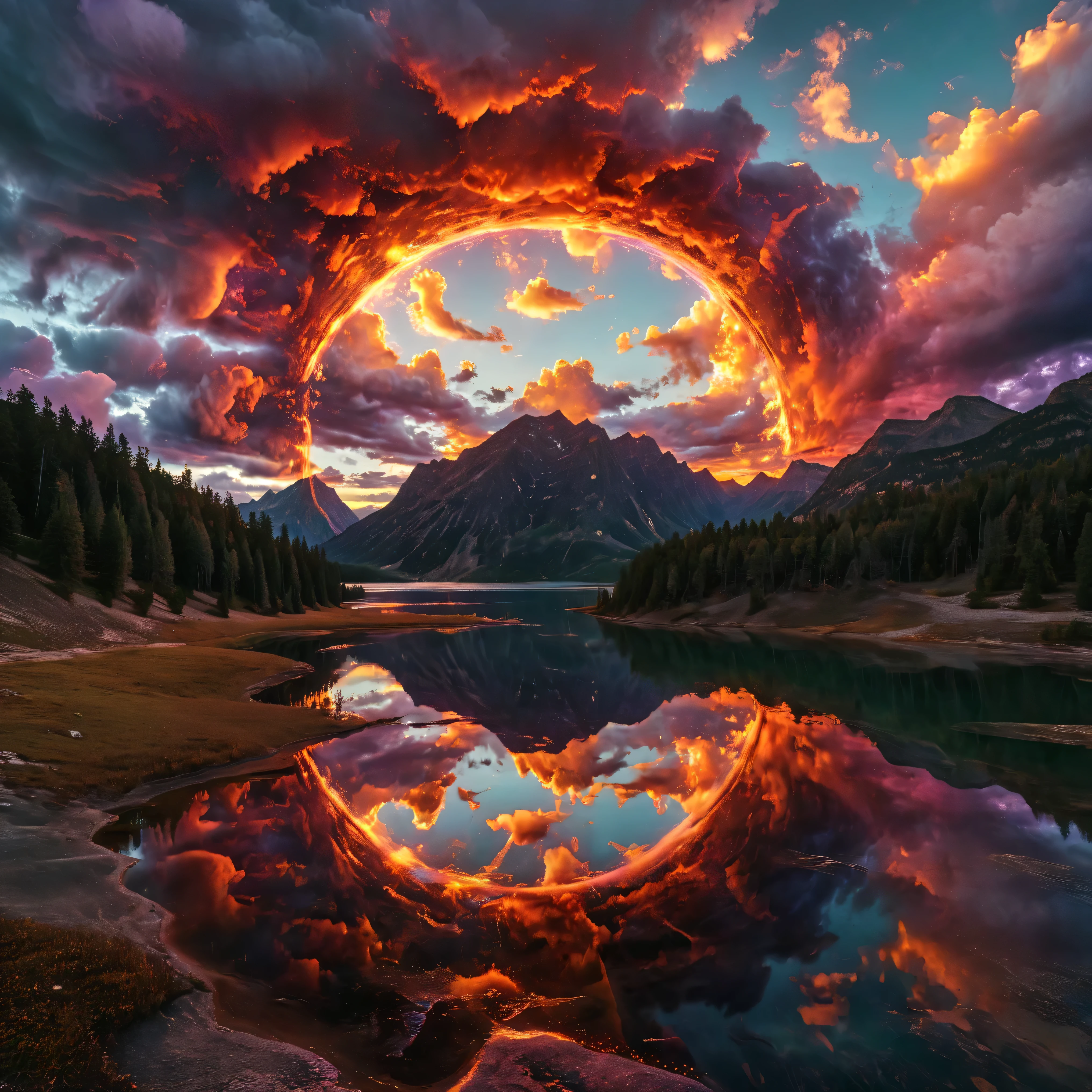 Ultra-realistic, photo-realistic, the most aesthetically incredible images of a sunset ever made. The fireball that is the sun appears overly enormous and low and overly bright in the sky, partially obscured by many cumulus clouds that have turned purple and purple-reddish as billowing filters for the bright sunlight. There is a lake below the sunset that reflects it perfectly like a mirror. Directly in the middle of the lake view there is a great whirlpool building up, and as it swirls around in a perfectly symmetrical circle of a vortex, it reveals different colored waters pushing through each other. One dark forest green colored cumulus cloud above this whirlpool is what appears to be slime green thick liquid pouring heavily out of it and is quickly absorbed by the spinning churning pool down below. Very colorful artwork. A combination of dark and bright colors contrasts beautifully together and then melts together nicely. Vibrant, dramatic lighting and shading within the image are enhanced by high-contrast lighting and coloration. Ultra-realistic, Photorealistic, 3D rendered realism, UHDR, highres, 8k Octane render, trending on artstation, stable diffusion and a dynamic fusion of landscape and a colorful atmospheric phenomenon. Visually striking composition and stunning masterpiece of out-of-this-world proportions. Experimental landscape art style in photorealism photography and lighting that highlights the textures of the lake and colorful clouds above. Optically stimulating and colorful clouds that bring the sunset to life. Otherworldly, surreal, whimsical, avant-garde, and beautiful images.
