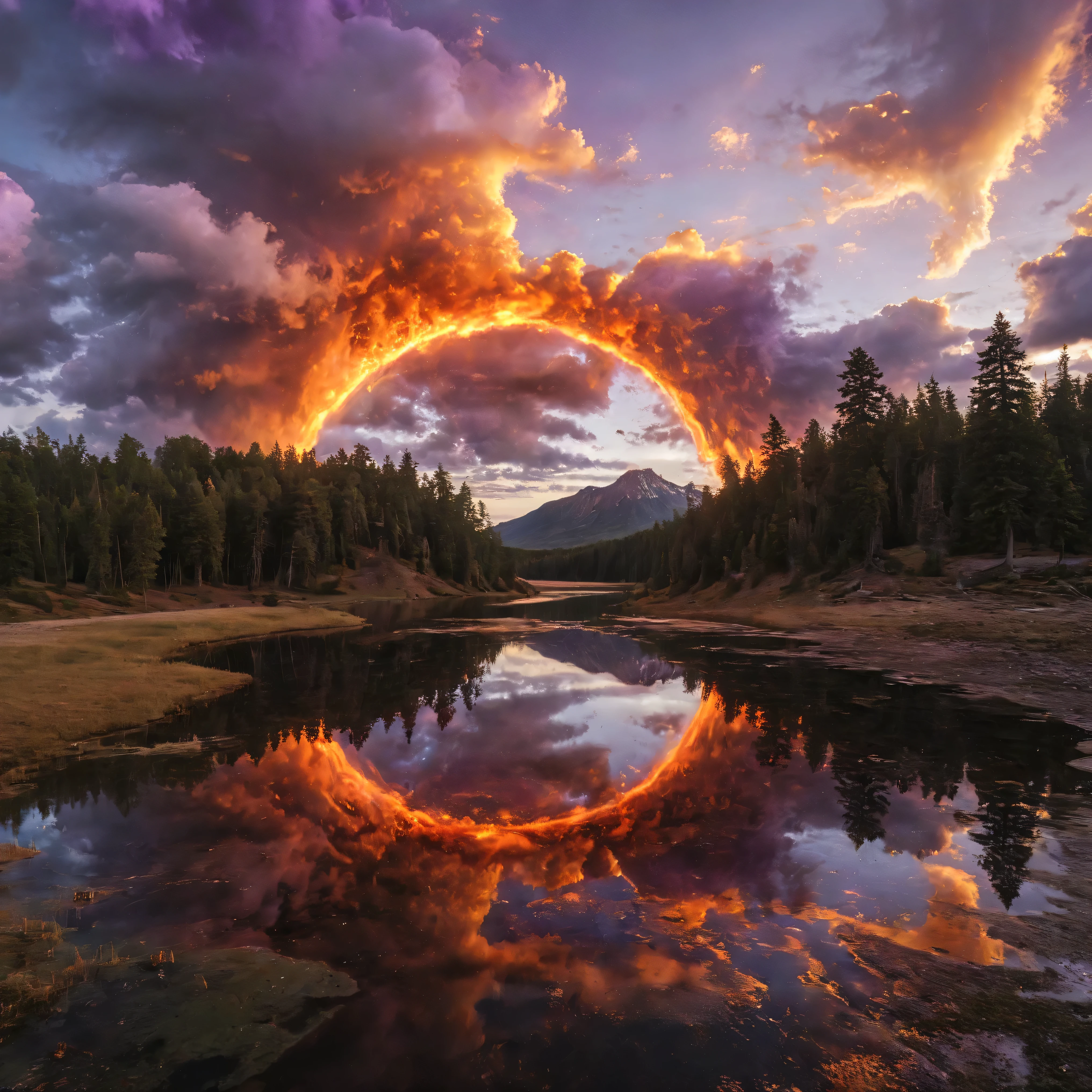 Ultra-realistic, photo-realistic, the most aesthetically incredible images of a sunset ever made. The extremely bright orange and yellow fireball that is the sun appears overly enormous and low and overly bright in the sky, partially obscured by many cumulus clouds that have turned purple and purple-reddish as billowing filters for the bright sunlight. There is a lake below the sunset that reflects it perfectly like a mirror. Directly in the middle of the lake view there is a great whirlpool building up, and as it swirls around in a perfectly symmetrical circle of a vortex, it reveals different colored waters pushing through each other.  One dark forest green colored cumulus cloud above this whirlpool is what appears to be slime green thick liquid pouring heavily out of it and is quickly absorbed by the spinning churning pool down below. Very colorful artwork. A combination of dark and bright colors contrasts beautifully together and then melts together nicely. Vibrant, dramatic lighting and shading within the image are enhanced by high-contrast lighting and coloration. Ultra-realistic, Photorealistic, 3D rendered realism, UHDR, highres, 8k Octane render, trending on artstation, stable diffusion and a dynamic fusion of landscape and a colorful atmospheric phenomenon. Visually striking composition and stunning masterpiece of out-of-this-world proportions. Experimental landscape art style in photorealism photography and lighting that highlights the textures of the lake and colorful clouds above. Optically stimulating and colorful clouds that bring the sunset to life. Otherworldly, surreal, whimsical, avant-garde, and beautiful images. 

