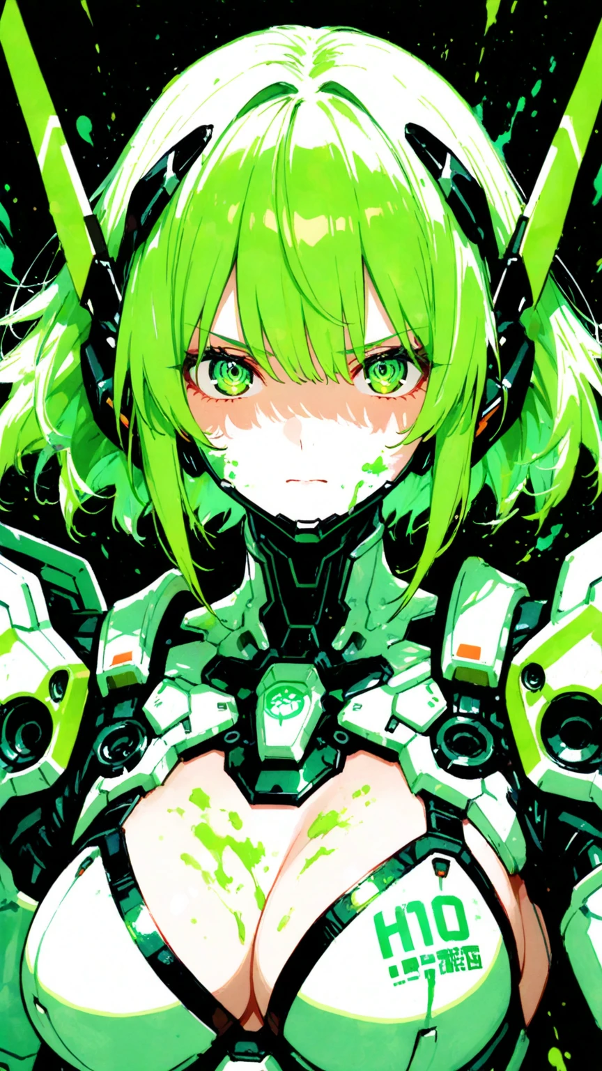 (((masterpiece))), (upper body), 1girl, solo, Green hair, long hair, Green eyes, (slant eyes), science fiction, (mecha musume:1.5), mechanical parts, headgear, doragon mechanical tails, ((mechanical Black dragon Armor)), Evil smile face, (((Energy Monster))), Anime style