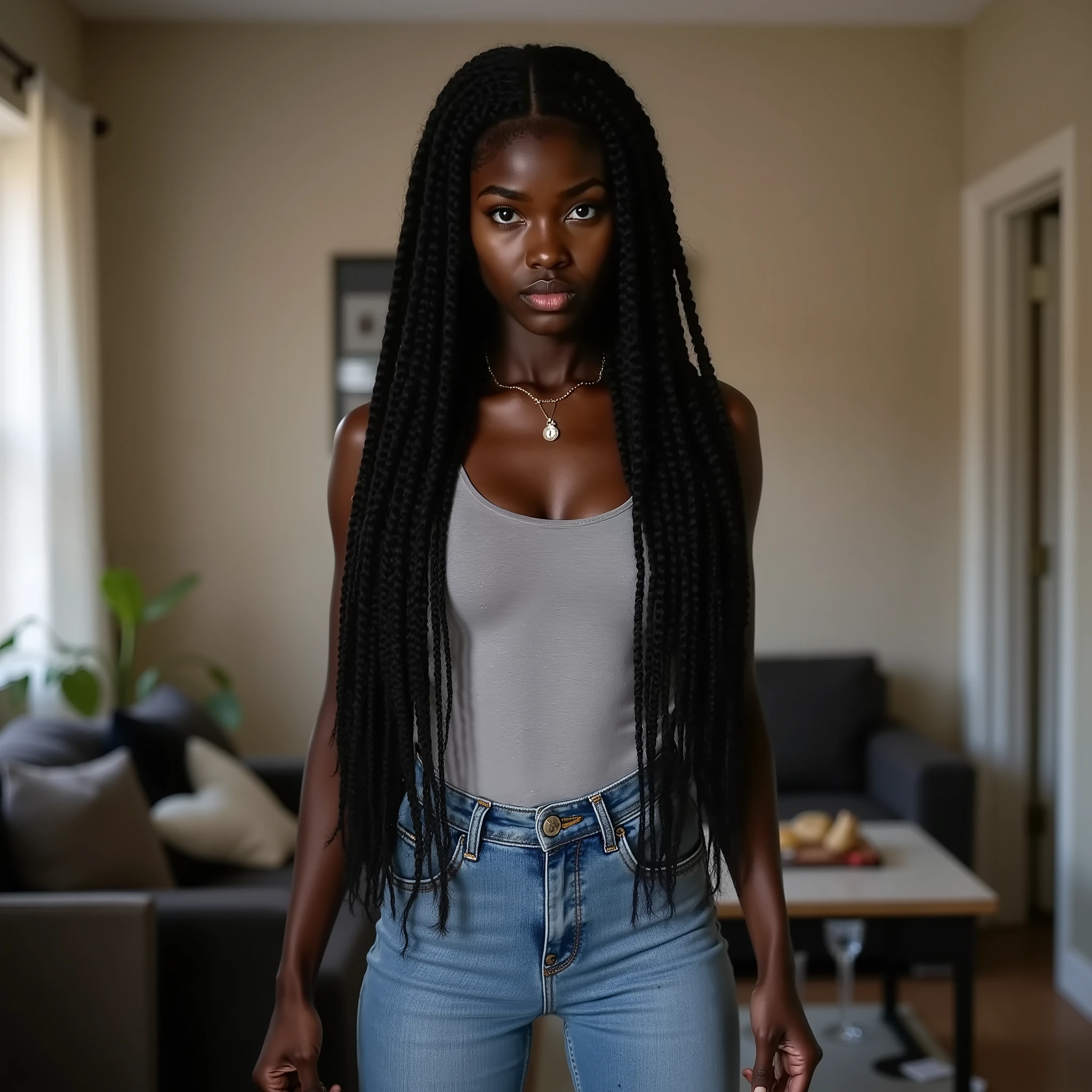 Raw confrontational portrait of Black teenage woman with her distinctive oblong face and 8 thick jumbo braids, captured in a moment of pure unfiltered anger directed squarely at the viewer, standing in her apartment with fists clenched at her sides showing white knuckles from the tension, dressed in casual home clothes - a simple tank top and jeans that show she wasn't expecting this confrontation, her expression transformed by fury with flared nostrils and intensely narrowed eyes locked directly on the viewer in accusation, jaw visibly clenched with a muscle twitching at her temple, lips pulled tight as she's mid-sentence delivering what is clearly a scathing verbal takedown, her characteristic high cheekbones now flushed with anger creating spots of color on her skin, body language radiating barely contained rage with shoulders squared directly toward the viewer in confrontation, slightly leaning forward in aggressive posture, apartment living room visible in background with signs of a disrupted evening including a knocked-over glass on the coffee table suggesting the argument escalated quickly, harsh indoor lighting creating dramatic shadows across her furious expression, Canon EOS R5 with 35mm lens, realistic color rendering capturing the uncomfortable intensity of being the target of her righteous anger