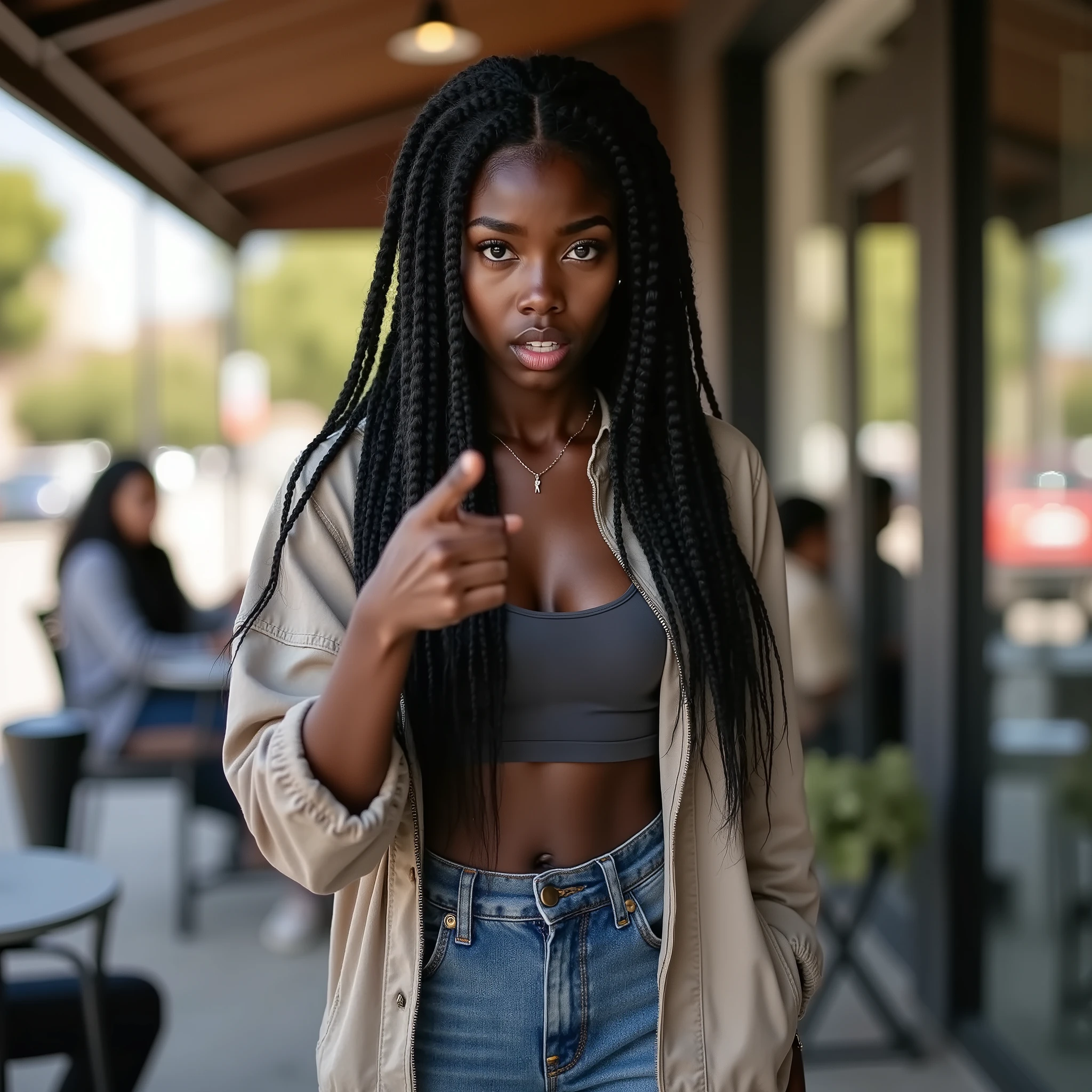 Intense emotional portrait of young Black teenage woman with her characteristic narrow face and 10 thick jumbo braids, now captured in the midst of explosive anger directed at the viewer outside a coffee shop, dressed in a casual outfit of jeans and a light jacket now disheveled from her emotional gestures, her expression contorted with undisguised rage as she points an accusatory finger directly at the viewer, eyes blazing with fury and betrayal while maintaining unwavering eye contact, tears of anger glistening but not falling as she forcefully makes her point, veins visible in her neck from the intensity of her emotional outburst, bystanders visible in background with uncomfortable expressions creating context for the public confrontation, her normally composed demeanor completely abandoned as raw emotion takes over, body language aggressive with one hand gesturing emphatically while the other forms a tight fist, coffee shop patio setting with abandoned drinks on a table suggesting a meeting that deteriorated dramatically, natural daylight highlighting every detail of her furious expression, Canon EOS R5 with 50mm lens, realistic documentary-style capture of the uncomfortable intensity of being confronted with her justified anger