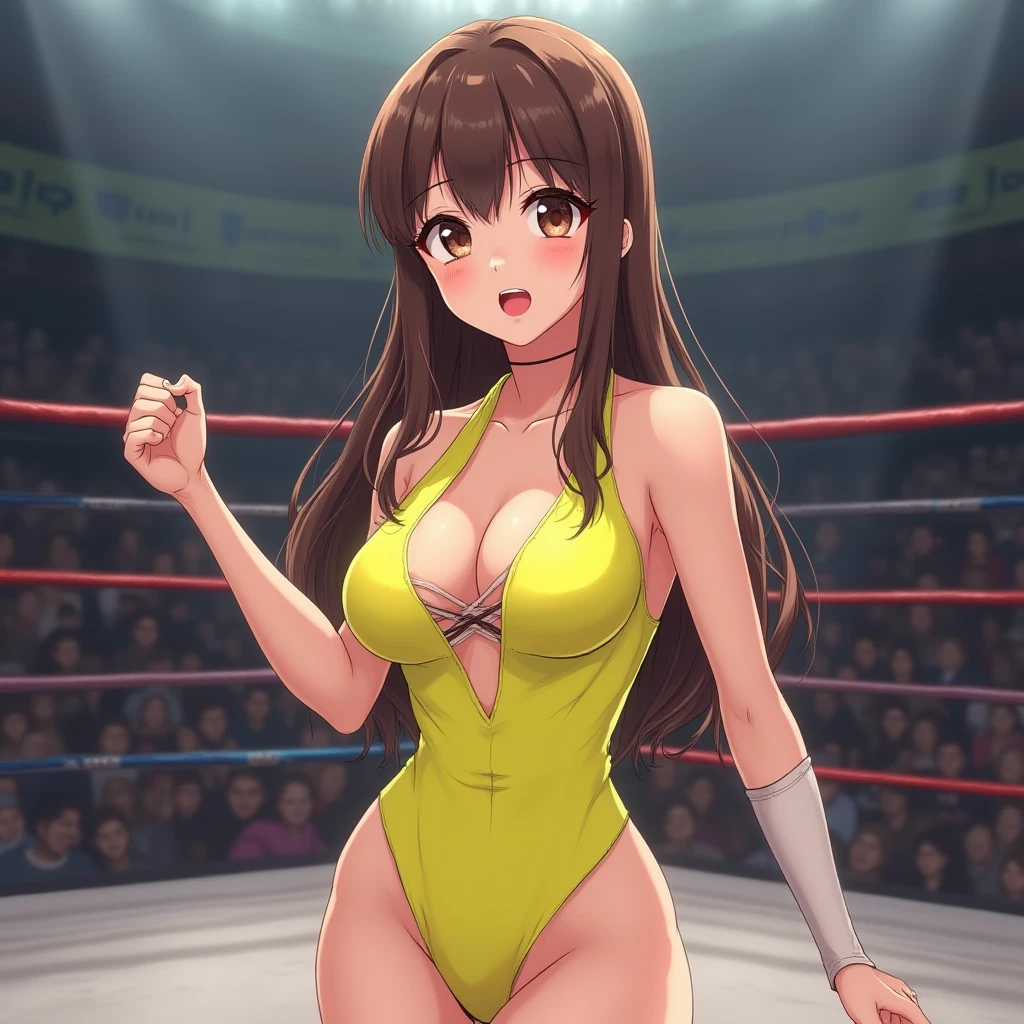 cowboy shot, upper body view only, anime style: 1.8, anime drawing, ultra detailed face, ultra detailed body, 4k, Sumergai Lee Noriega, (standing), best quality, anime style, hires, highest definition, digital blending, bold drawing lines, ((slender body, female wrestler), (location: wrestling arena, crowds watching), (slender body, off-shoulders), mature woman, ((wrestling gear: blue micro ??????, boots, gloves, collar band, random colors)), victorious, winner, (smile, closed mouth), (???????????), (big eyes, brown eyes), (warming up, cable underarm), (tilt head, loose hair, curly hair, wavy hair, long hair, missy hair), 27 years old,