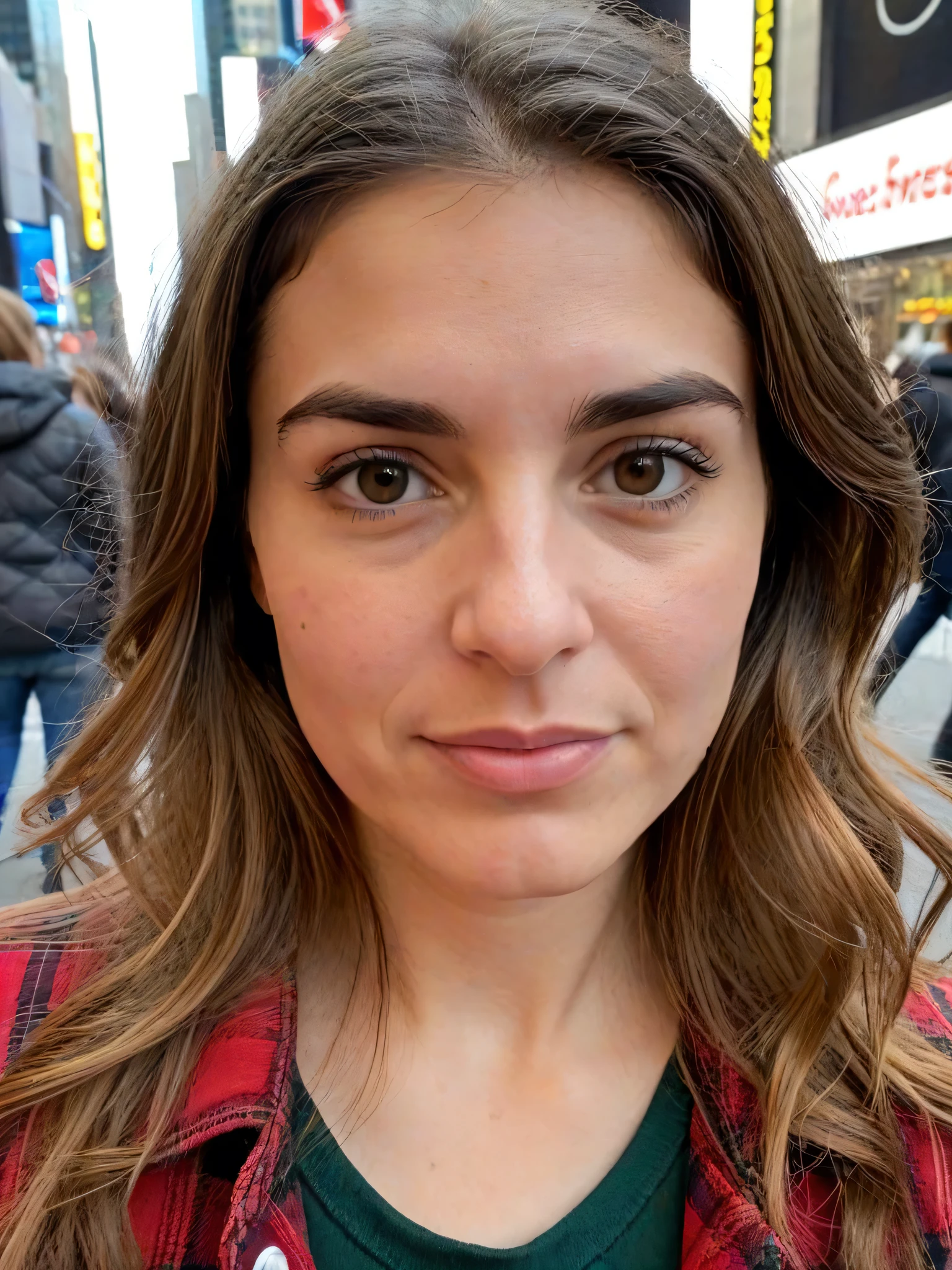 Realistic full body photo of a 35-year-old woman with fair skin and delicate features, rosto ovalado, well-defined thick and dark eyebrows, } big dark brown eyes with direct eyes and a calm and slightly serious expression, slightly droopy eyelids giving a sleepy and natural look, long eyelashes without makeup, Straight and proportional nose, thin lips with a slight closed smile, long wavy caramel hair. She wears a red plaid shirt, black and green with an open collar, estilo casual.She is in Times Square in New York and is holding a sneaker with both hands at chest level