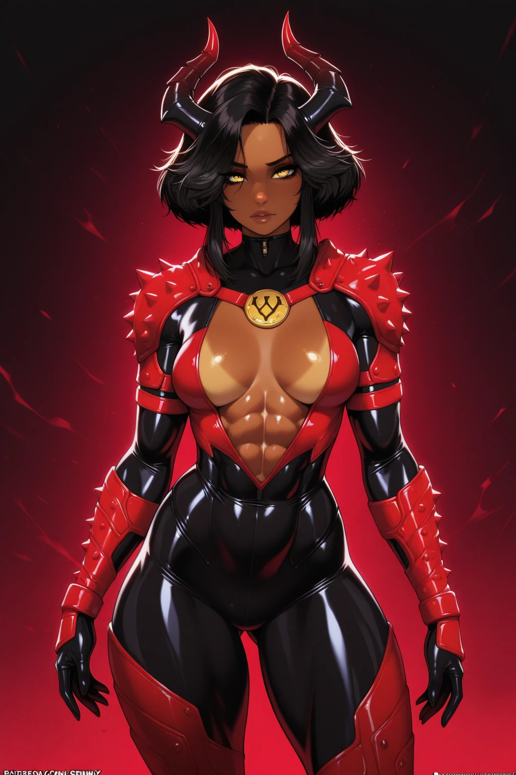 Cardinal, a beautiful superhero woman with (dark skin) wearing a black and red , long sleeves, leggings, mask and visor.  Athletic, huge breasts, wide hips. Short curly black hair, batons, utility belt, bracers. Cheerful. Short mini half cape. Confident.