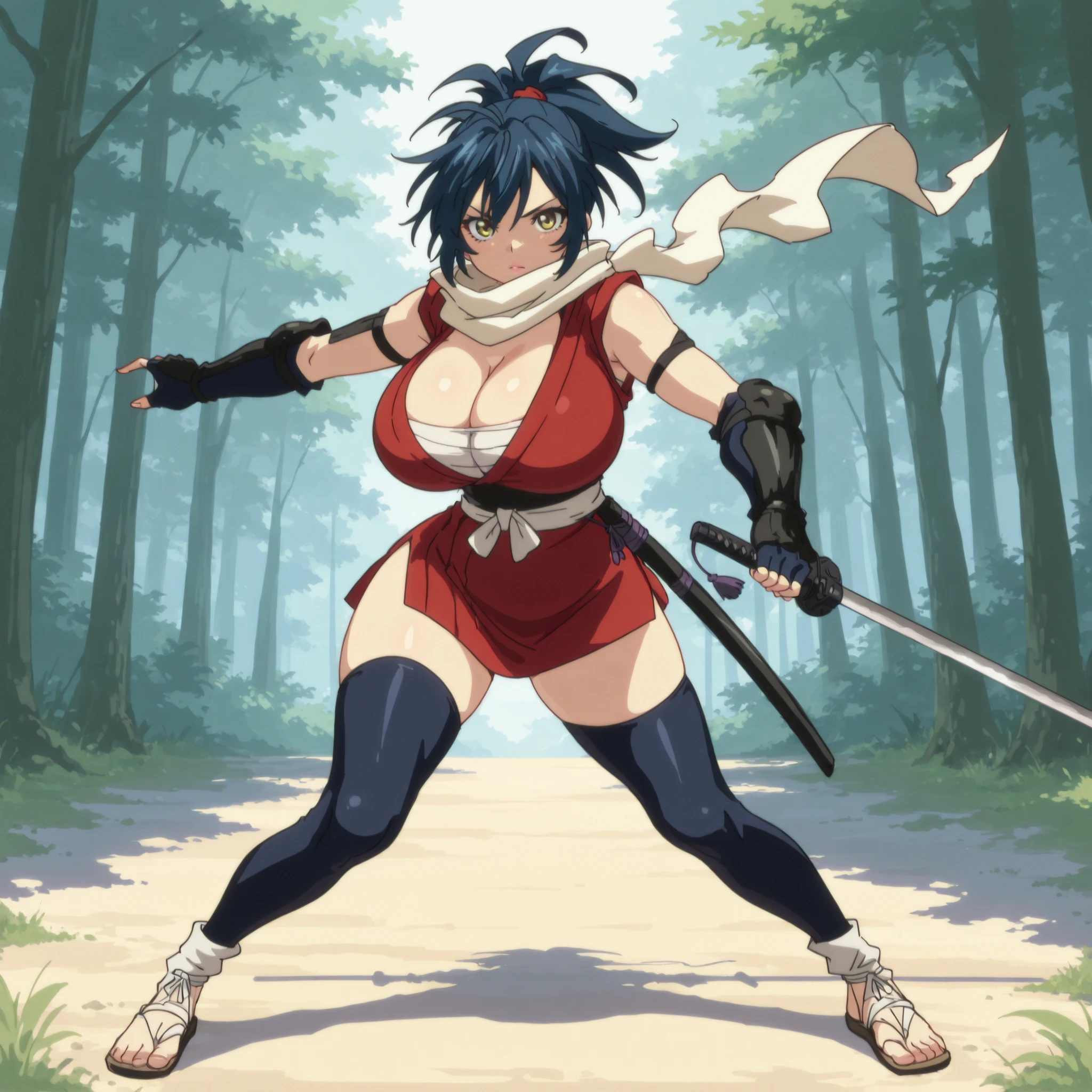 masterpiece, ultra-HD, impressionism, high detail, best quality, very aesthetic, 8K, best quality, beautiful, ultra-high resolution, 32K UHD, sharp focus, 1girl, solo, Manyuu Chifusa, long blue hair, ponytail, yellow eyes, eyelashes, pink lips, , narrow waist, wide , thick thighs, shapely legs, slim, red kimono, sleeveless, cleavage,  bandages, shinobi sandals, white ribbon obi, black thigh high socks, white scarf, black fingerless gloves, blushed, serious, cute, holding a katana, dynamic pose, standing, full body, looking at the viewer, forest background, front view