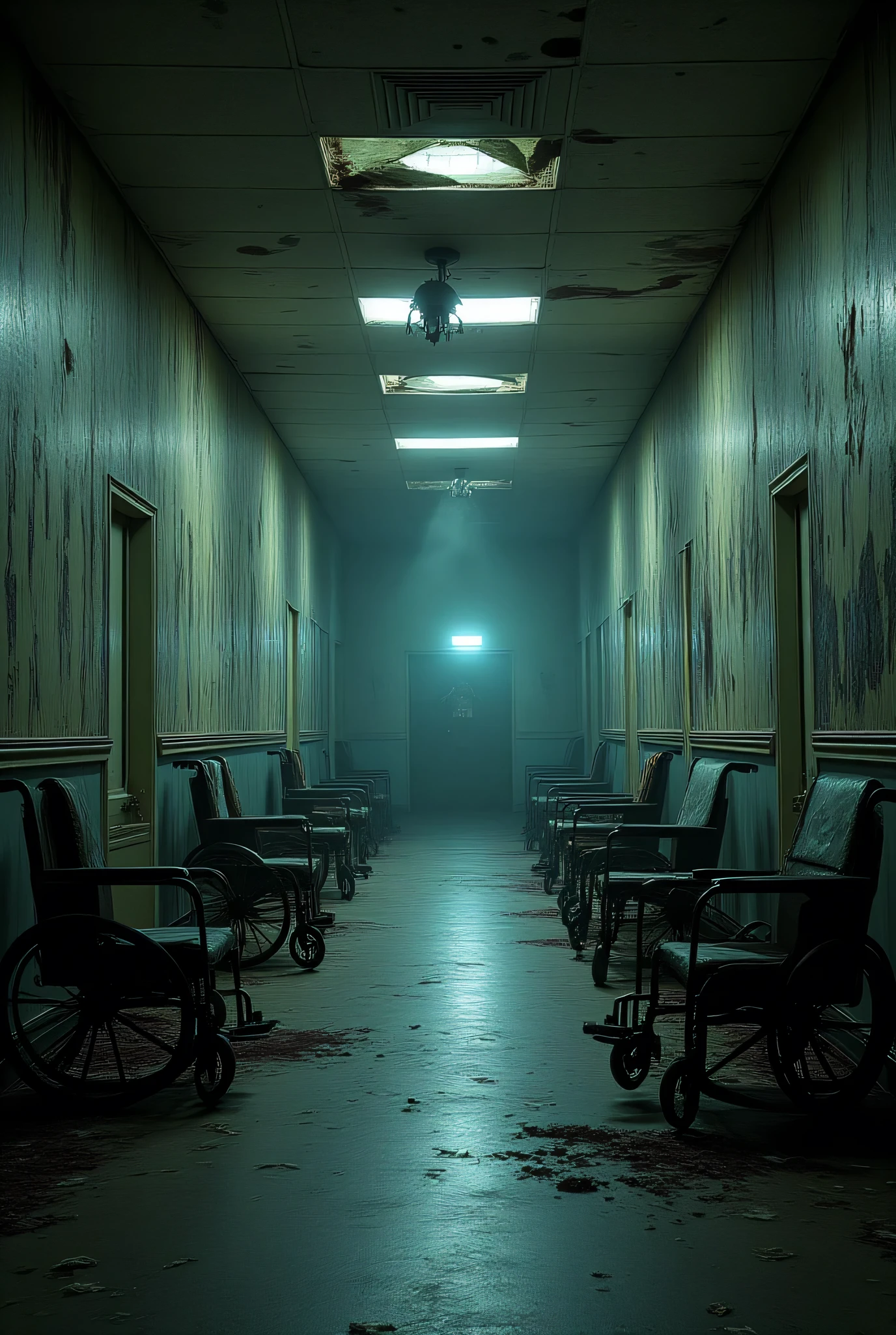 A decaying hospital corridor stretching into darkness, peeling paint on walls, rusted medical equipment scattered across the floor, thick fog seeping through broken windows, emergency lights flickering intermittently, bloodstained wheelchairs abandoned in corners, eldritch symbols etched into metal doors, photorealistic horror, atmospheric lighting, cinematic composition