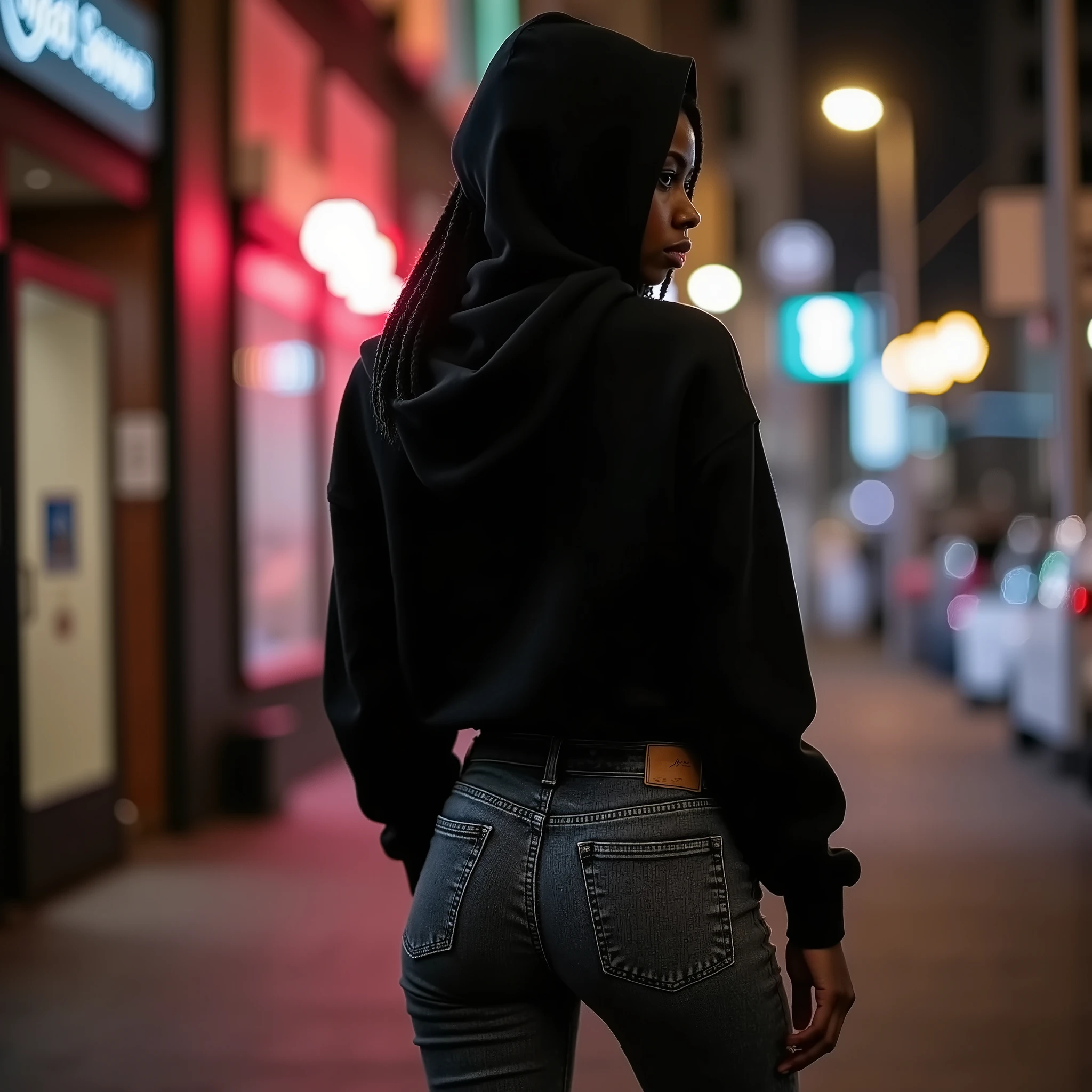 minaelmi,Sensual cinematic rear portrait of the same young Black teenage woman with her slender frame and edges of thick jumbo braids visible beneath her black hooded jacket worn with hood up, captured from behind in dramatic night lighting as she walks away before turning to glance back at the viewer, her slim figure showcased in perfect silhouette from head to toe, dressed in the open black hooded jacket that frames her narrow torso, paired with black mottled jeans that hug her perfectly shaped rear before flowing into dramatically widening legs toward the hem, the denim contouring to her shapely buttocks with ideal tension creating captivating shadows and highlights across their rounded form while the widening silhouette below creates artistic contrast, her expression holding mysterious allure as she offers just a glimpse of her profile with characteristic high cheekbones catching highlights from street lamps at the edge of the hood's shadow, body language naturally fluid with a subtle sway that emphasizes the curve of her hips and the perfect shape of her rear, urban nightscape with neon lights and reflective surfaces creating moody backdrop for her figure, evening lighting with colored urban illumination creating dramatic highlights that trace the contours of her jean-clad form with particular emphasis on the perfectly shaped curves of her buttocks, Canon EOS R5 with 50mm lens at f/1.8 from mid-height angle, realistic urban night photography with rich color contrast capturing the alluring silhouette created by her slim figure and perfectly fitted jeans