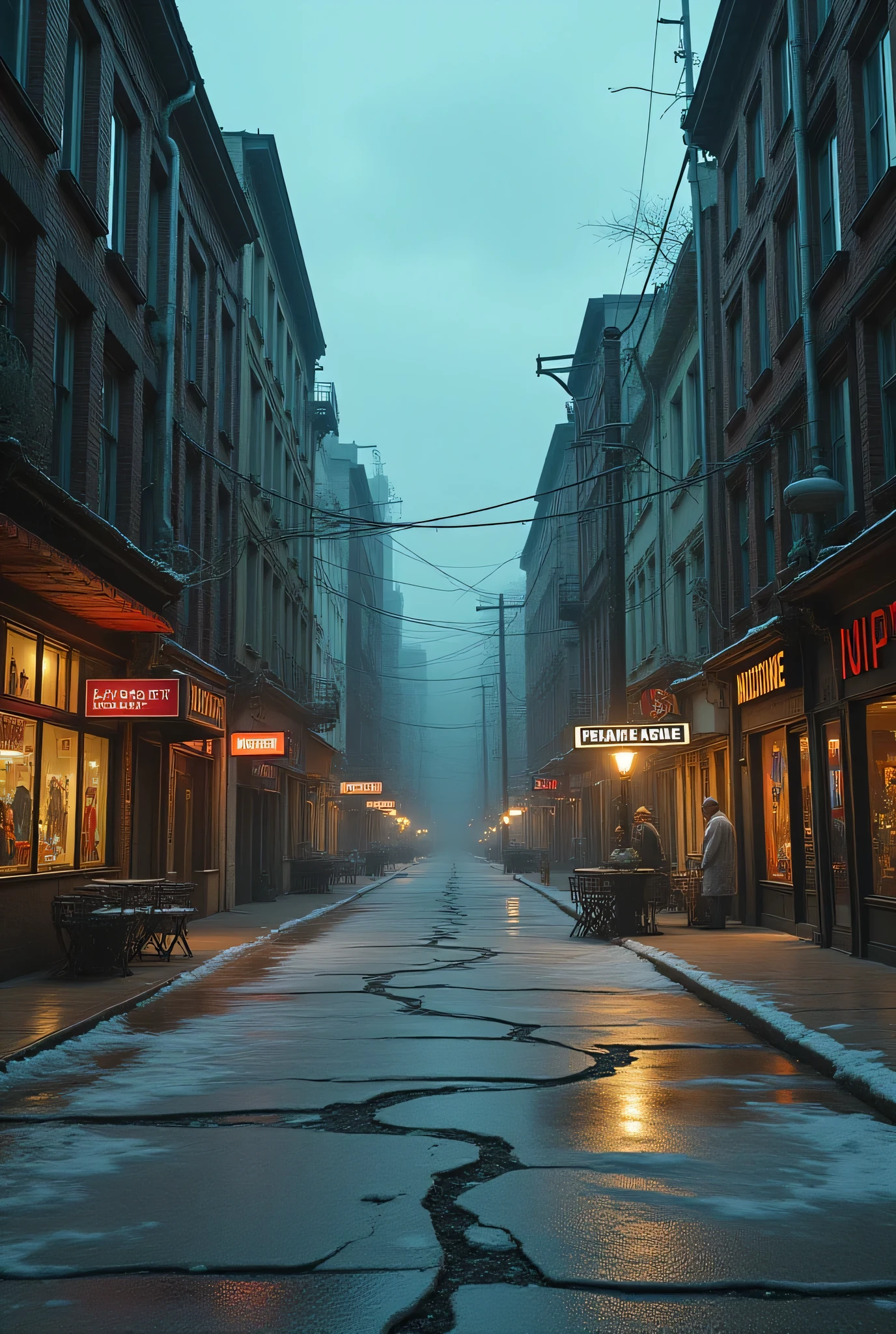 Surreal town square transformed by eldritch forces, buildings warping at impossible angles, flesh-like textures growing across concrete surfaces, perpetual twilight casting long shadows, mannequin creatures frozen in everyday poses, silent ash snowfall, cracked pavement revealing pulsating matter beneath, photorealistic horror, desaturated colors, cinematic framing