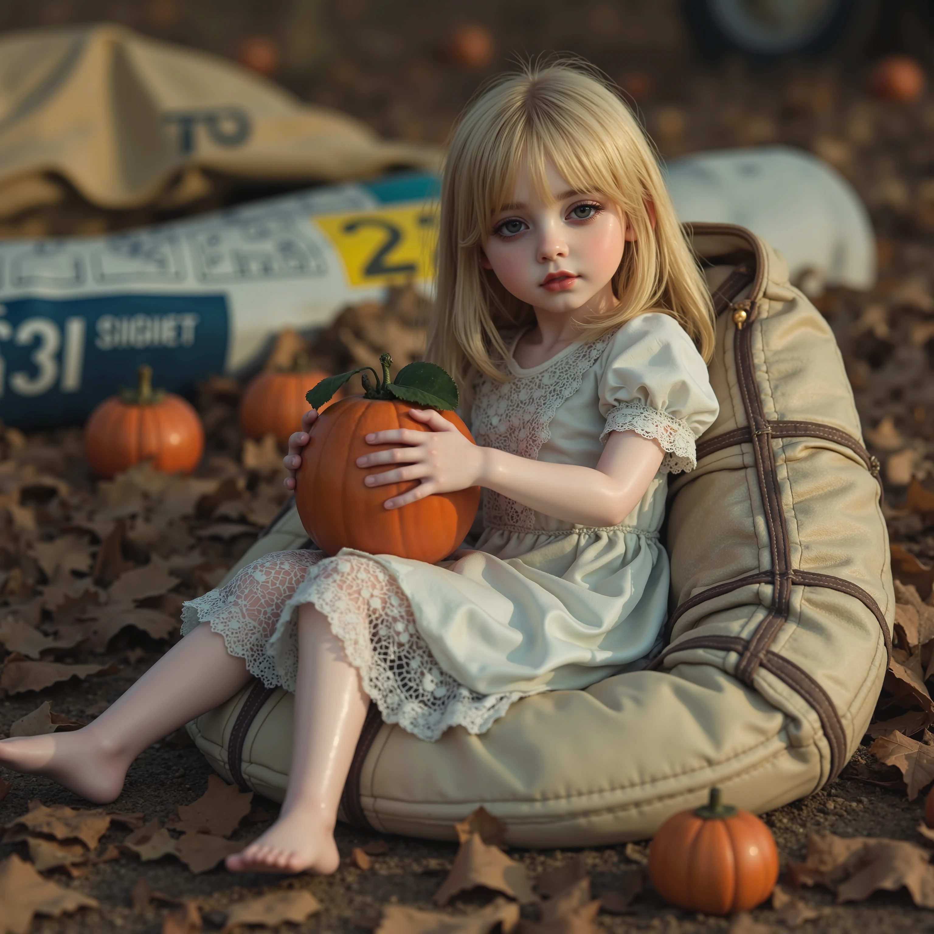 (((at SFW))), (Acutance:0.88), ExtremelyDetailed Dumped a beautiful detailed porcelain Little doll, Lying FullBody in FIBC, (Buried in Autumn Fallen Leaves:1.37), exquisite detailed face, soft innocent expression, Elaborate lace knitted red NightWear, (abandoned junkyard), (MagicHour Miracle), ethereal and haunting, TopQuality 8K Ultra-detailed masterpiece, realistic, photorealistic, HDR, gothic, dark fantasy, dramatic colors, Holding a Gigantic HUGE Persimmon Fruit in both hands, Split LeggyPose, Transparency