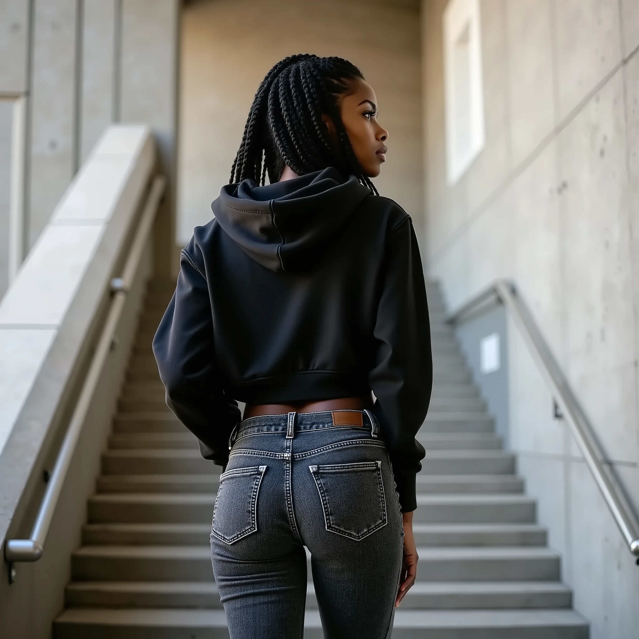minaelmi,Striking full-body rear view of the same Young Black Teenage woman with her distinctive slender silhouette and thick jumbo braids partially visible beneath her black hooded jacket worn with hood up, photographed from behind ascending a modern concrete staircase that perfectly frames her figure, her slim physique showcased in ideal composition from head to toe, dressed in the open black hooded jacket that hints at her narrow waist beneath, paired with black mottled jeans that contour perfectly to her shapely buttocks before gradually expanding toward the hem creating a dynamic silhouette, the denim embracing the curves of her rear with natural tension that creates appealing highlights and shadows across their form while the widening legs create artistic lines below, her face visible in three-quarter profile as she glances back over her shoulder with subtle allure in her expression, characteristic high cheekbones catching light at the edge of the hood, body language naturally graceful as she climbs the steps in a pose that maximizes the flattering view of her jean-clad rear, modern architectural setting with clean lines complementing her figure, diffused daylight creating subtle highlights that trace the contours of her form with particular emphasis on the perfectly shaped curves of her buttocks against the structured denim, Canon EOS R5 with 35mm lens from slightly low angle, realistic architectural photography with enhanced contrast capturing the alluring silhouette created by her slim figure and perfectly fitted jeans
