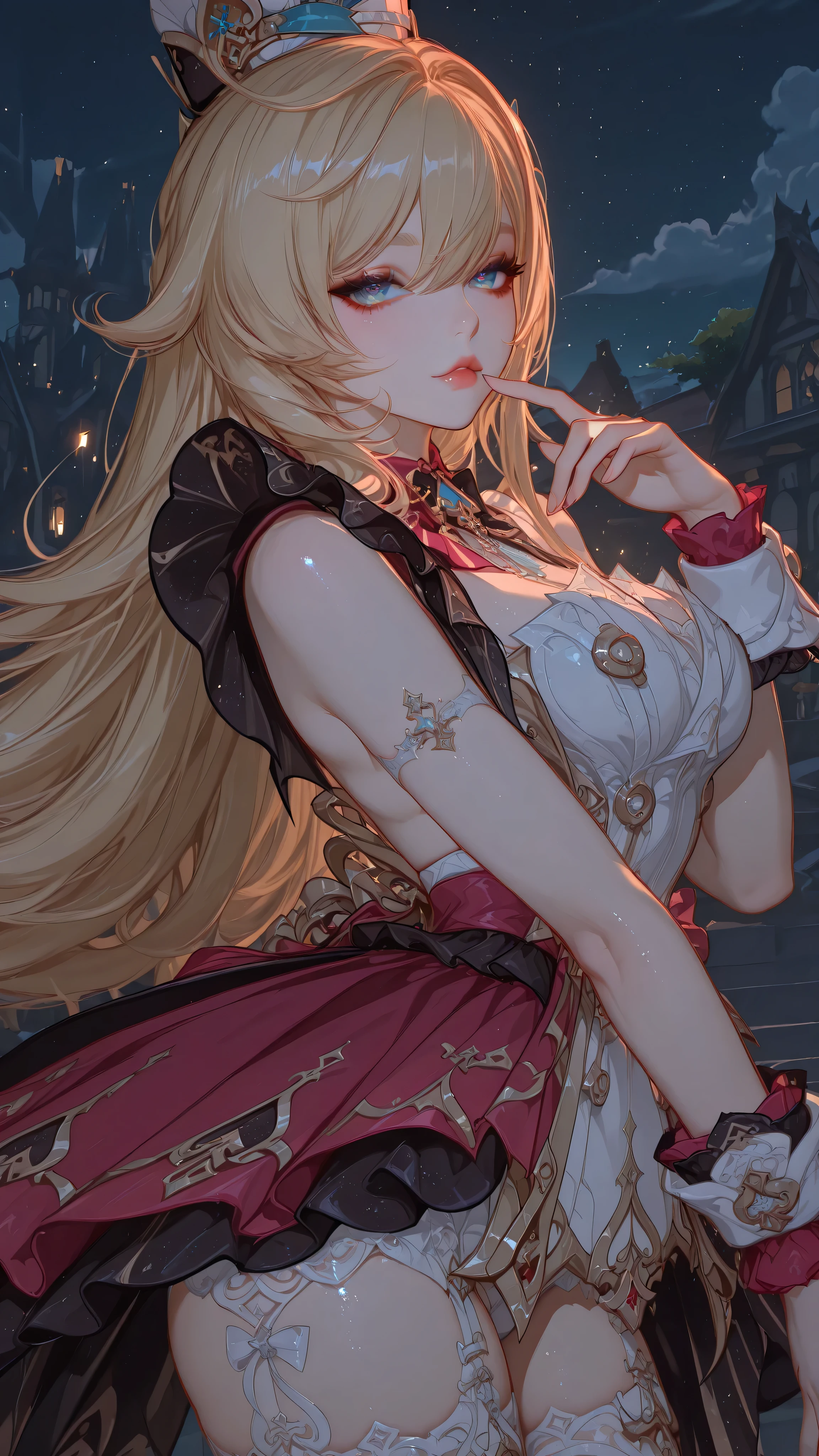 Escoffier genshin impact, dynamic pose, night, glow, shine, artistic, aesthetic, sexy, allure, seductive, 