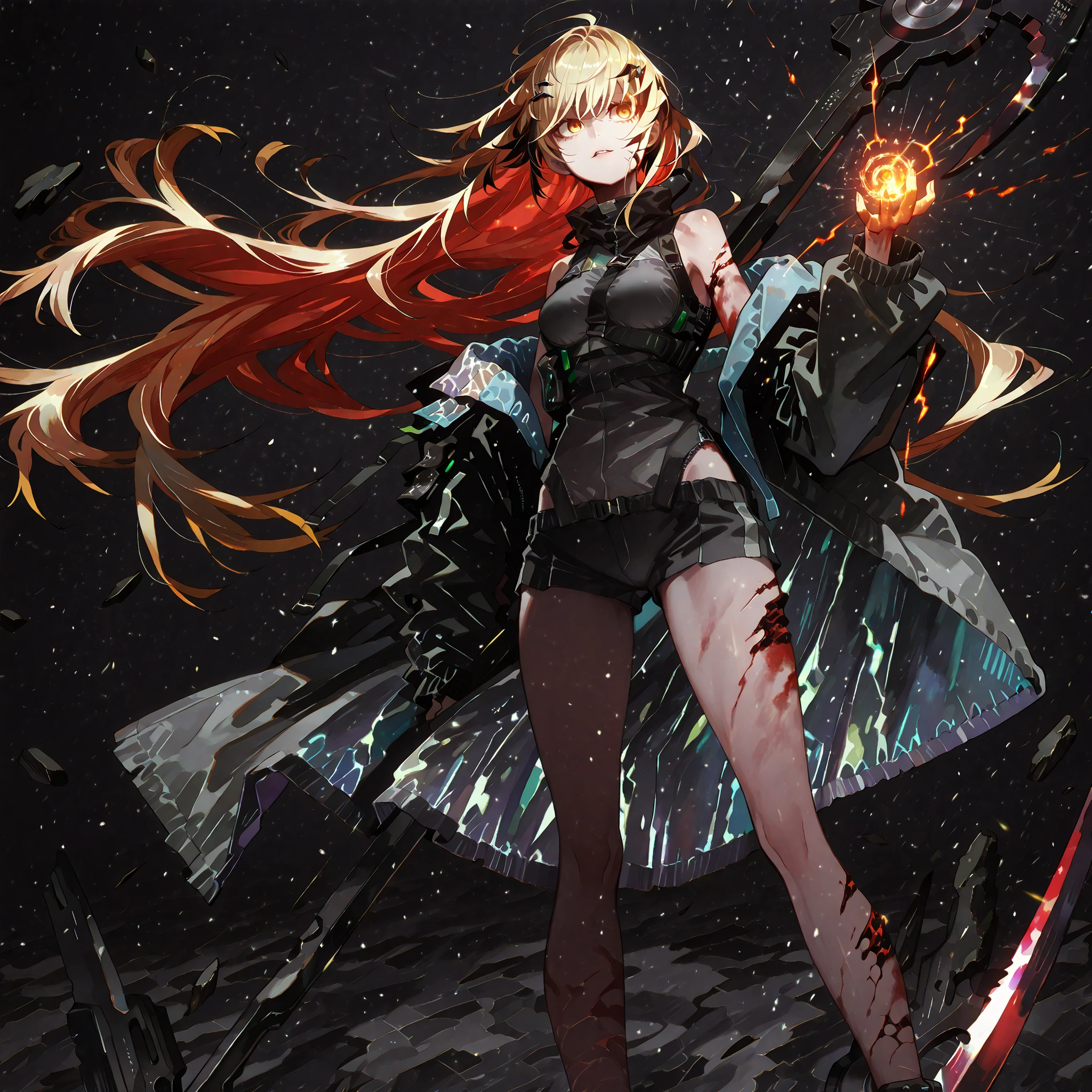 Alone, 1 girl, solitary female character, a teenage girl about 1.5 meters tall. She stands against a deep black background, standing out vividly. Physique and height identical to Terakomari Gandesblood from The Vexations of a Shut-In Vampire Princess. She smiles confidently and seductively. Her face is identical to Sylpha Langlis from Tensei Shitara Dai Nana Ōji.

She has long blonde hair styled like Kiss-Shot Acerola-Orion Heart-Under-Blade from Kizumonogatari / Bakemonogatari. Hair styled in the Shikei style. Golden eyes. She wears no hood; her head is completely uncovered. She wears a black tiara on her head.

Sensual pose, wide , , slim waist, petite body. Wide , , slim waist, slender body. Wide , , slim waist, slender body. Wide , , slim waist, slender body.

Clothing:
She wears a black tactical military blouse, black shorts, and black military boots like La Pluma’s from Arknights. The main detail is her black coat with red accents — identical to La Pluma’s coat from Arknights: same fabric, cut, red details, hood, zippers, and proportions. She does not wear a hood; her head is completely uncovered. She does not wear a hood; her head is completely uncovered.

Pose and Expression:
In her hands she holds an immense black scythe with a red blade. The scythe looks like stone, cracked, radiating energy. The energy flows through the fractures.

Atmosphere and Style:
Black background with cinematic lighting. Youthful energy. Ultra-detailed, sharp, clean anime style. Deep black background with cinematic lighting emphasizing her short stature and powerful aura. Perfect image, perfect face, perfect eyes, hair styled in the Shikei style.