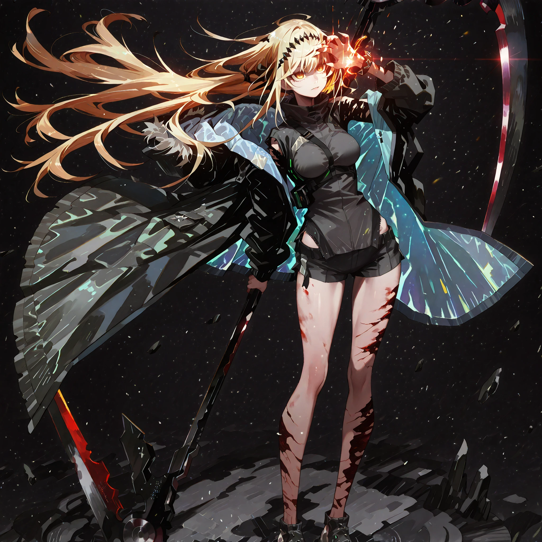 Alone, 1 girl, solitary female character, a teenage girl about 1.5 meters tall. She stands against a deep black background, standing out vividly. Physique and height identical to Terakomari Gandesblood from The Vexations of a Shut-In Vampire Princess. She smiles confidently and seductively. Her face is identical to Sylpha Langlis from Tensei Shitara Dai Nana Ōji.

She has long blonde hair styled like Kiss-Shot Acerola-Orion Heart-Under-Blade from Kizumonogatari / Bakemonogatari. Hair styled in the Shikei style. Golden eyes. She wears no hood; her head is completely uncovered. She wears a black tiara on her head.

Sensual pose, wide , , slim waist, petite body. Wide , , slim waist, slender body. Wide , , slim waist, slender body. Wide , , slim waist, slender body.

Clothing:
She wears a black tactical military blouse, black shorts, and black military boots like La Pluma’s from Arknights. The main detail is her black coat with red accents — identical to La Pluma’s coat from Arknights: same fabric, cut, red details, hood, zippers, and proportions. She does not wear a hood; her head is completely uncovered. She does not wear a hood; her head is completely uncovered.

Pose and Expression:
In her hands she holds an immense black scythe with a red blade. The scythe looks like stone, cracked, radiating energy. The energy flows through the fractures.

Atmosphere and Style:
Black background with cinematic lighting. Youthful energy. Ultra-detailed, sharp, clean anime style. Deep black background with cinematic lighting emphasizing her short stature and powerful aura. Perfect image, perfect face, perfect eyes, hair styled in the Shikei style.