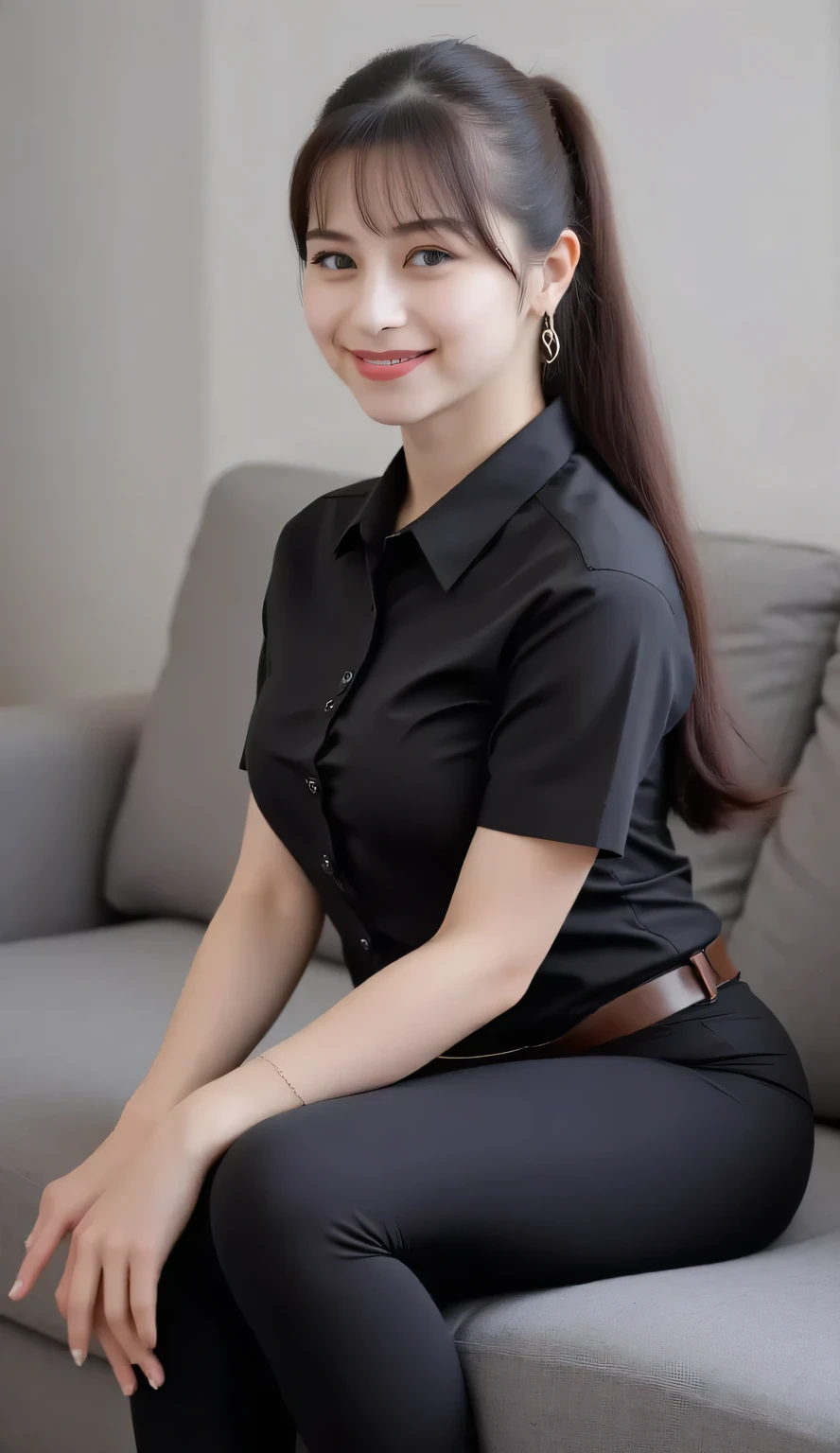 an adult woman, sitting on the living room sofa, body facing the camera, POV from front of body, wears a formal shirt in blacm satin material, Short sleeve shirt, kemeja ketat, long black leggings, rambut ponytail rendah , rambut hitam, dada besar, lipstik merah tua, smiley expression face
