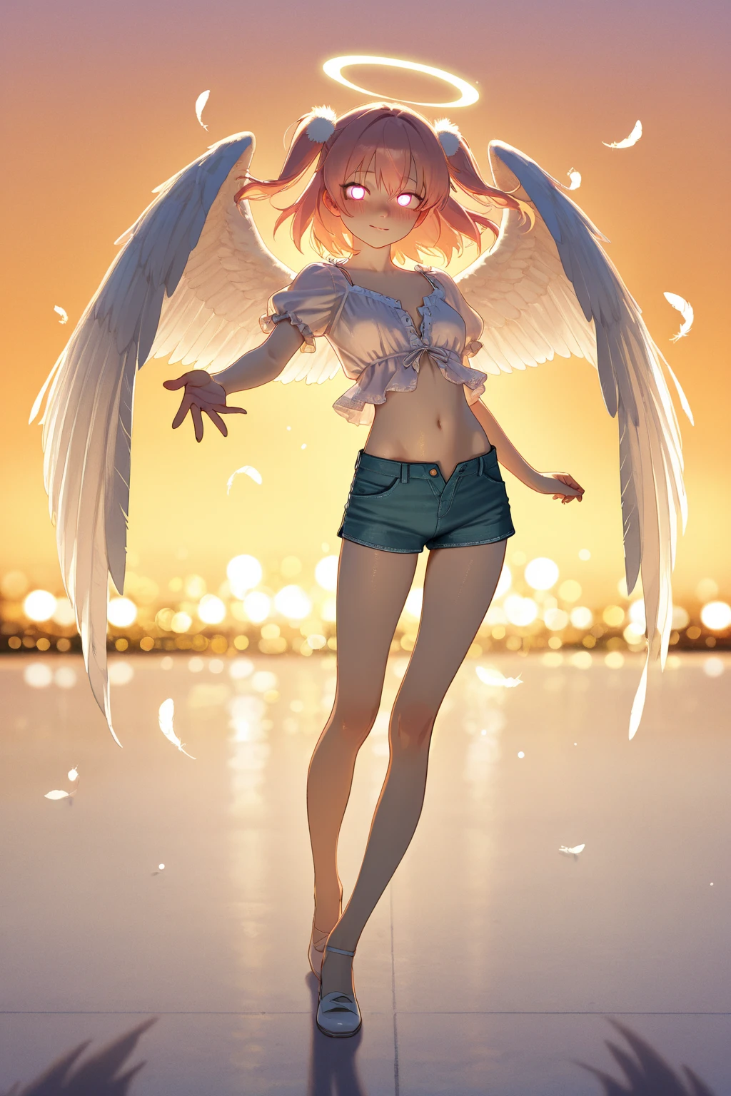1girl, short blonde hair, pixie cut, white crop top, green pants, leather belt across waist, golden ring earrings, medium breasts, slim waist, medium hips, green eyes, (((angel wings with color transition from yellow to green))), (((large blue bowtie))), best quality, 4k, 8k, highres, masterpiece:1.2, ultra-detailed, realistic, photorealistic, photo-realistic:1.37, HDR, UHD, studio lighting, ultra-fine painting, sharp focus, physically-based rendering, extreme detail description, professional, vivid colors, bokeh