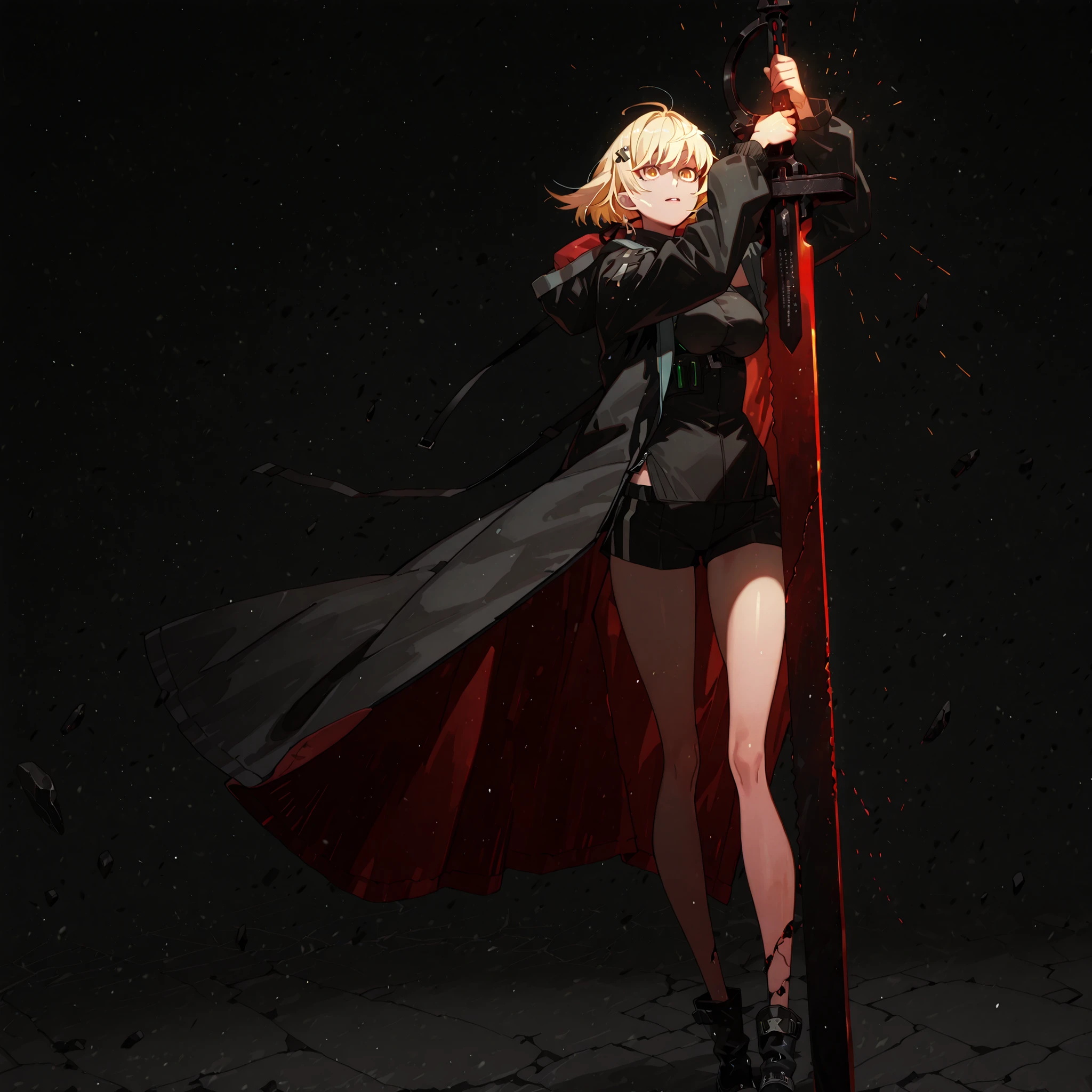 Alone, 1 girl, solitary female character, a teenage girl about 1.5 meters tall. She stands against a deep black background, standing out vividly. Physique and height identical to Terakomari Gandesblood from The Vexations of a Shut-In Vampire Princess. She smiles confidently and seductively. Her face is identical to Sylpha Langlis from Tensei Shitara Dai Nana Ōji.

She has long blonde hair styled like Kiss-Shot Acerola-Orion Heart-Under-Blade from Kizumonogatari / Bakemonogatari. Hair styled in the Shikei style. Golden eyes. She wears no hood; her head is completely uncovered.

Sensual pose, wide , , slim waist, petite body. Wide , , slim waist, slender body. Wide , , slim waist, slender body. Wide , , slim waist, slender body.

Clothing:
She wears a black tactical military blouse, black shorts, and black military boots like La Pluma’s from Arknights. The main detail is her black coat with red accents — identical to La Pluma’s coat from Arknights: same fabric, cut, red details, hood, zippers, and proportions. She does not wear a hood; her head is completely uncovered. She does not wear a hood; her head is completely uncovered.

Pose and Expression:
In her hands she holds an immense black greatsword with a red blade. The greatsword looks like stone, cracked, radiating energy. The energy flows through the fractures.

Atmosphere and Style:
Black background with cinematic lighting. Youthful energy. Ultra-detailed, sharp, clean anime style. Deep black background with cinematic lighting emphasizing her short stature and powerful aura. Perfect image, perfect face, perfect eyes, hair styled in the Shikei style.