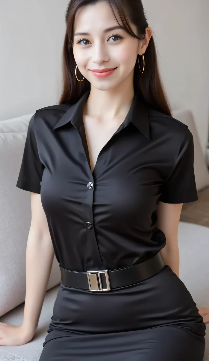 an adult woman, sitting on the living room sofa, body facing the camera, POV from front of body, wears a formal shirt in blacm satin material, Short sleeve shirt, kemeja ketat, rok pensil pendek hitam, rambut ponytail rendah , rambut hitam, dada besar, lipstik merah tua, smiley expression face
