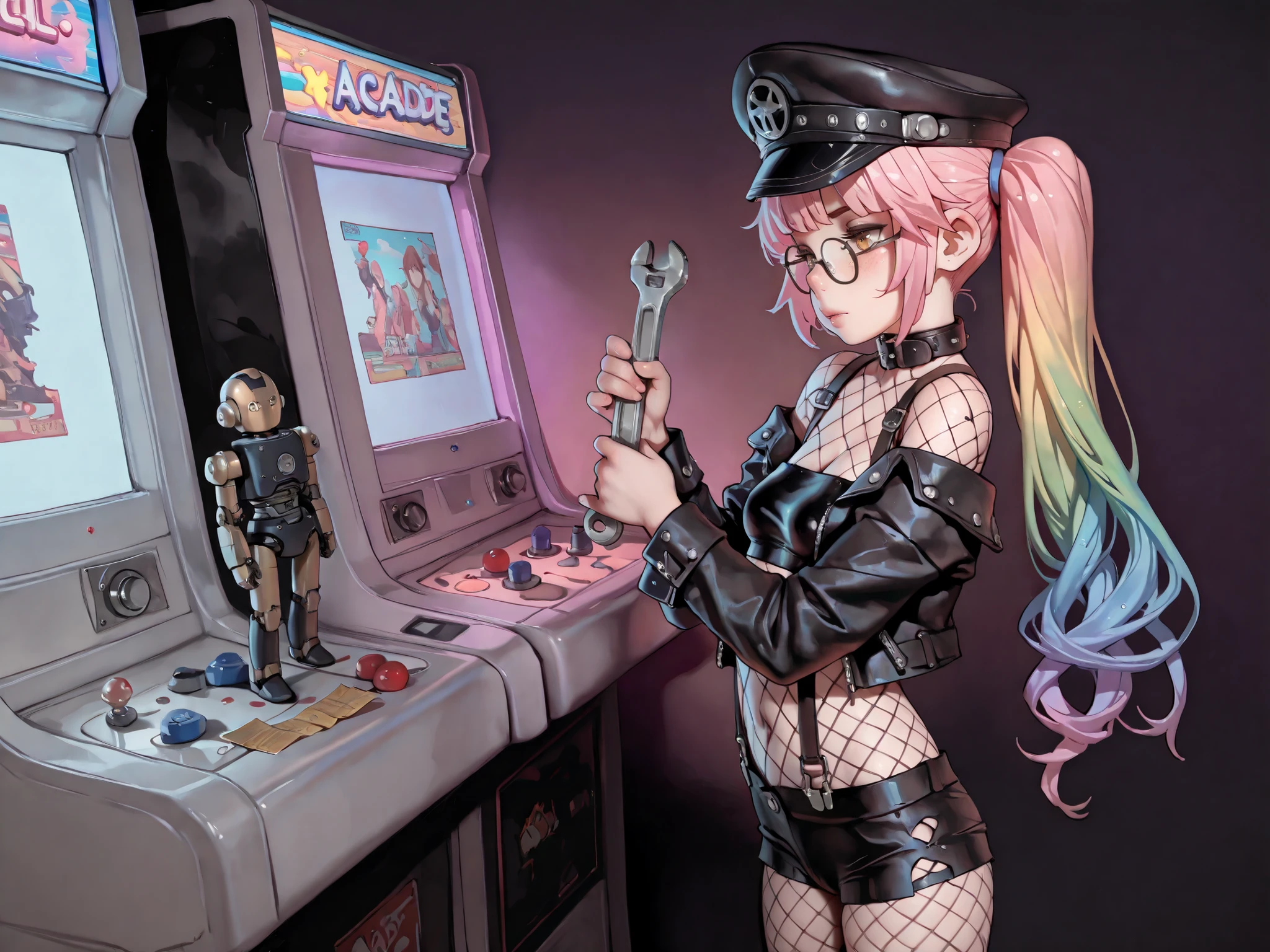 (((a girl operates on a robotic man, girl fixes a broken mechanical man, girl holding wrench))), masterpiece, detailed_eyes, high_quality, best_quality, highres, absurdres, 8k, score_9, 1girl, young mechanic, dimly lit arcade, arcade machines, rows of arcade cabinets, pale skin, pastel pink hair, scene hairstyle, (long hair), ((hair with rainbow pastel highlights)), slender body, narrow shoulders, medium breasts, large hipster glasses, ((dark gold eyes)), perfect eyes, ((e-girl)), (((arcade ticket stubs, ticket roll))), collar, neon colors, pastel colors, ((suspenders, pixel fishnet, pink fishnet)), tiny black latex shorts, tiny black latex tube top, (miniature black leather jacket), erotic, leather cap, peaked cap, vaporwave, slutty, super detailed skin, ((small girl and large robot)), (as109), Faustsketcher