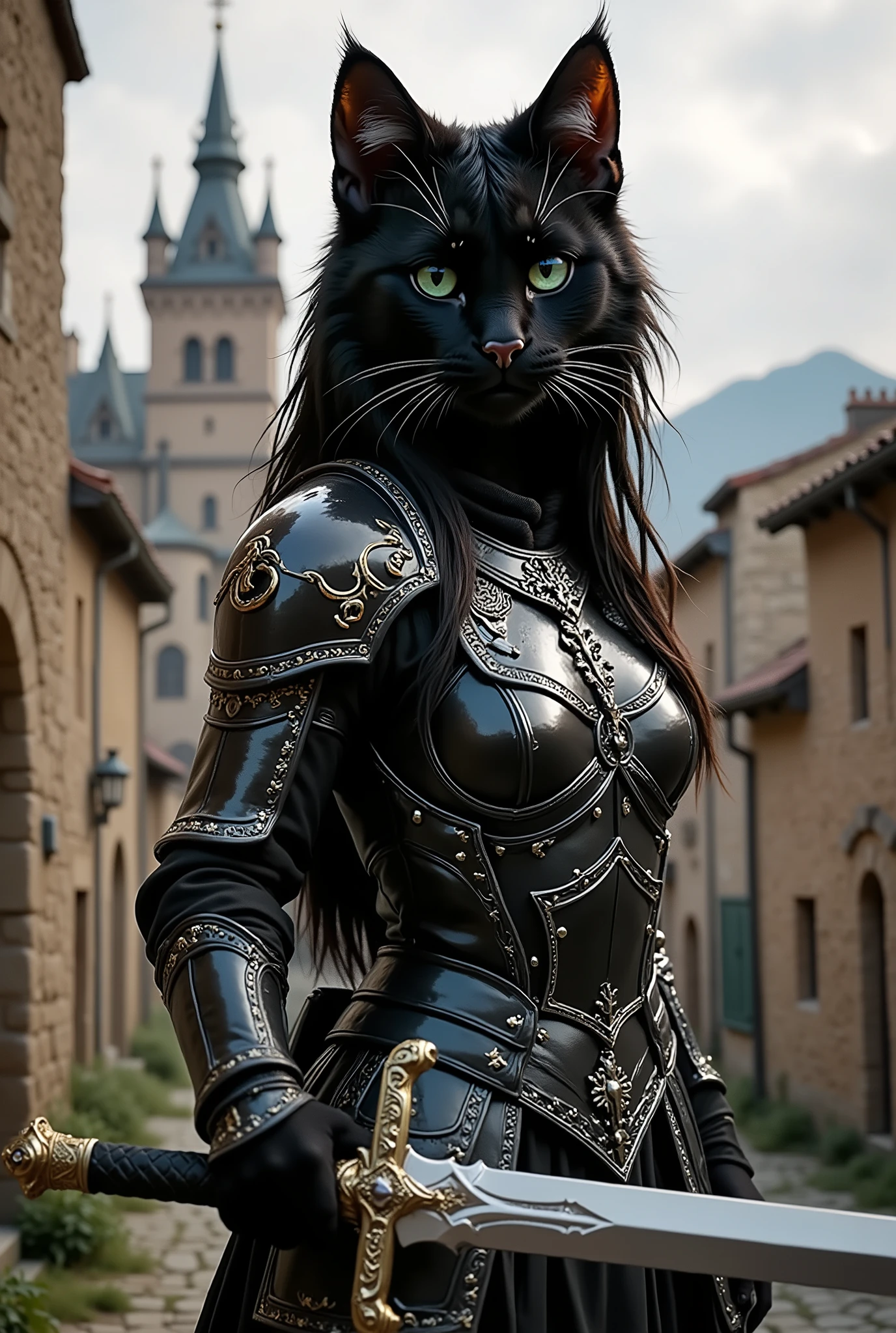 Photorealism,highly detailed photo,close angle,high definition,warm colors: cat girl(черная cat girl,a cross between a black girl and a black cat, cat features,cat ears,black fur,bright cat green eyes,in medieval knightly armor and a sword in her right hand and paw),hyperdetail ,against the backdrop of slums in a medieval city,, you can see the castle behind the poor buildings,Fantasy style,medieval style.