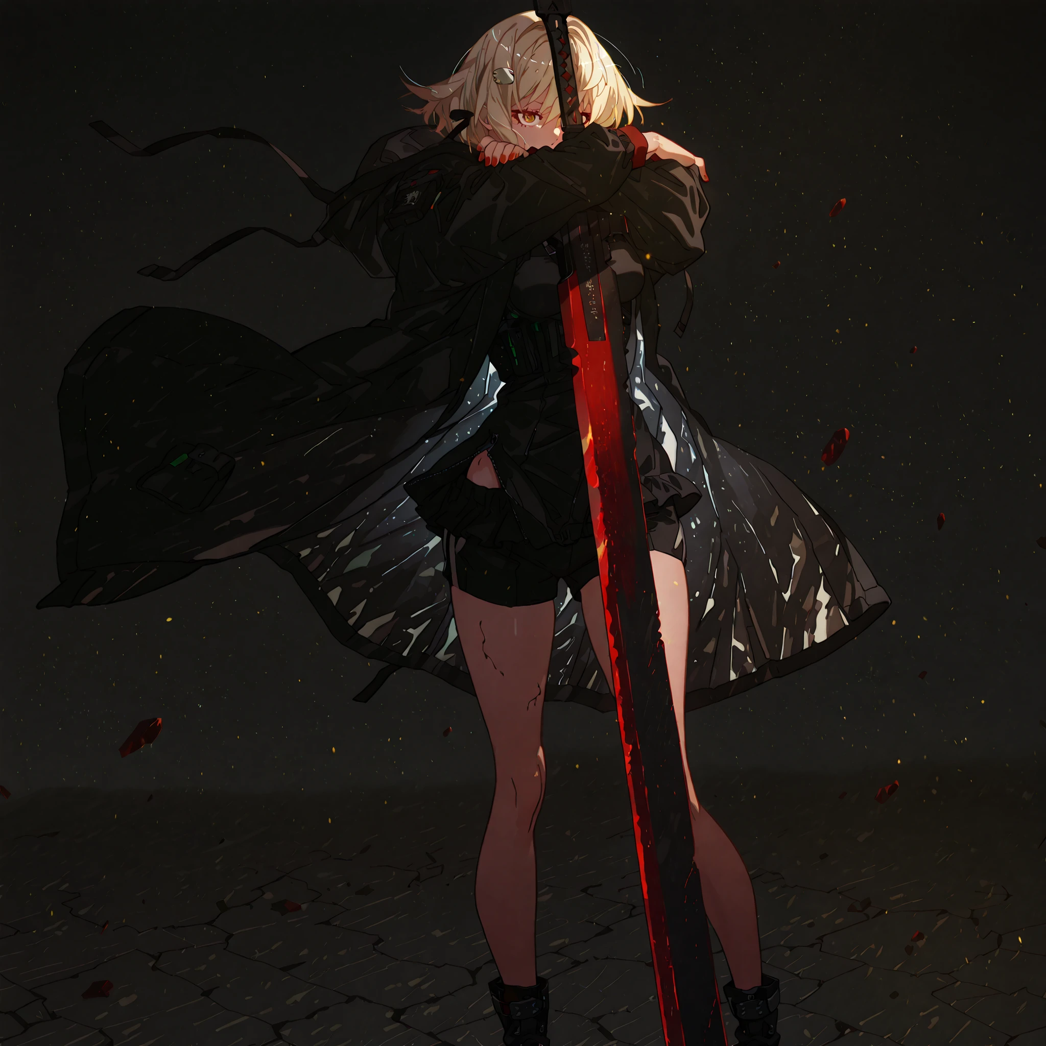 Alone, 1 girl, solitary female character, a teenage girl about 1.5 meters tall. She stands against a deep black background, standing out vividly. Physique and height identical to Terakomari Gandesblood from The Vexations of a Shut-In Vampire Princess. She smiles confidently and seductively. Her face is identical to Sylpha Langlis from Tensei Shitara Dai Nana Ōji.

She has long blonde hair styled like Kiss-Shot Acerola-Orion Heart-Under-Blade from Kizumonogatari / Bakemonogatari. Hair styled in the Shikei style. Golden eyes. She wears no hood; her head is completely uncovered.

Sensual pose, wide , , slim waist, petite body. Wide , , slim waist, slender body. Wide , , slim waist, slender body. Wide , , slim waist, slender body.

Clothing:
She wears a black tactical military blouse, black shorts, and black military boots like La Pluma’s from Arknights. The main detail is her black coat with red accents — identical to La Pluma’s coat from Arknights: same fabric, cut, red details, hood, zippers, and proportions. She does not wear a hood; her head is completely uncovered. She does not wear a hood; her head is completely uncovered.

Pose and Expression:
In her hands she holds an immense black greatsword with a red blade. The greatsword looks like stone, cracked, radiating energy. The energy flows through the fractures.

Atmosphere and Style:
Black background with cinematic lighting. Youthful energy. Ultra-detailed, sharp, clean anime style. Deep black background with cinematic lighting emphasizing her short stature and powerful aura. Perfect image, perfect face, perfect eyes, hair styled in the Shikei style.