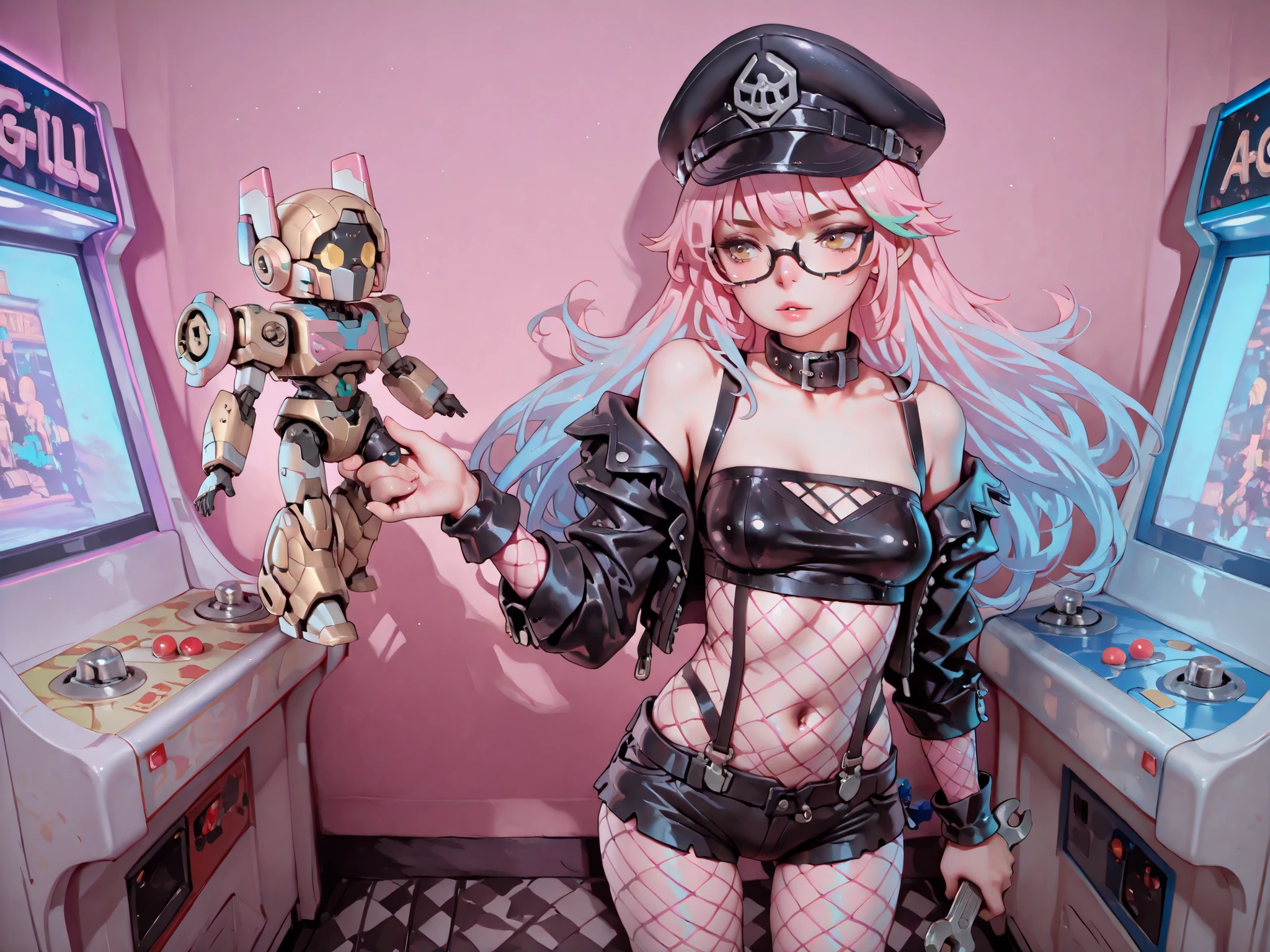 (((a girl operates on a robotic man, girl fixes a broken mechanical man, girl holding wrench))), masterpiece, detailed_eyes, high_quality, best_quality, highres, absurdres, 8k, score_9, 1girl, young mechanic, dimly lit arcade, arcade machines, rows of arcade cabinets, pale skin, pastel pink hair, scene hairstyle, (long hair), ((hair with rainbow pastel highlights)), slender body, narrow shoulders, medium breasts, large hipster glasses, ((dark gold eyes)), perfect eyes, ((e-girl)), (((arcade ticket stubs, ticket roll))), collar, neon colors, pastel colors, ((suspenders, pixel fishnet, pink fishnet)), tiny black latex shorts, tiny black latex tube top, (miniature black leather jacket), erotic, leather cap, peaked cap, vaporwave, slutty, super detailed skin, ((small girl and large robot)), (as109), Faustsketcher