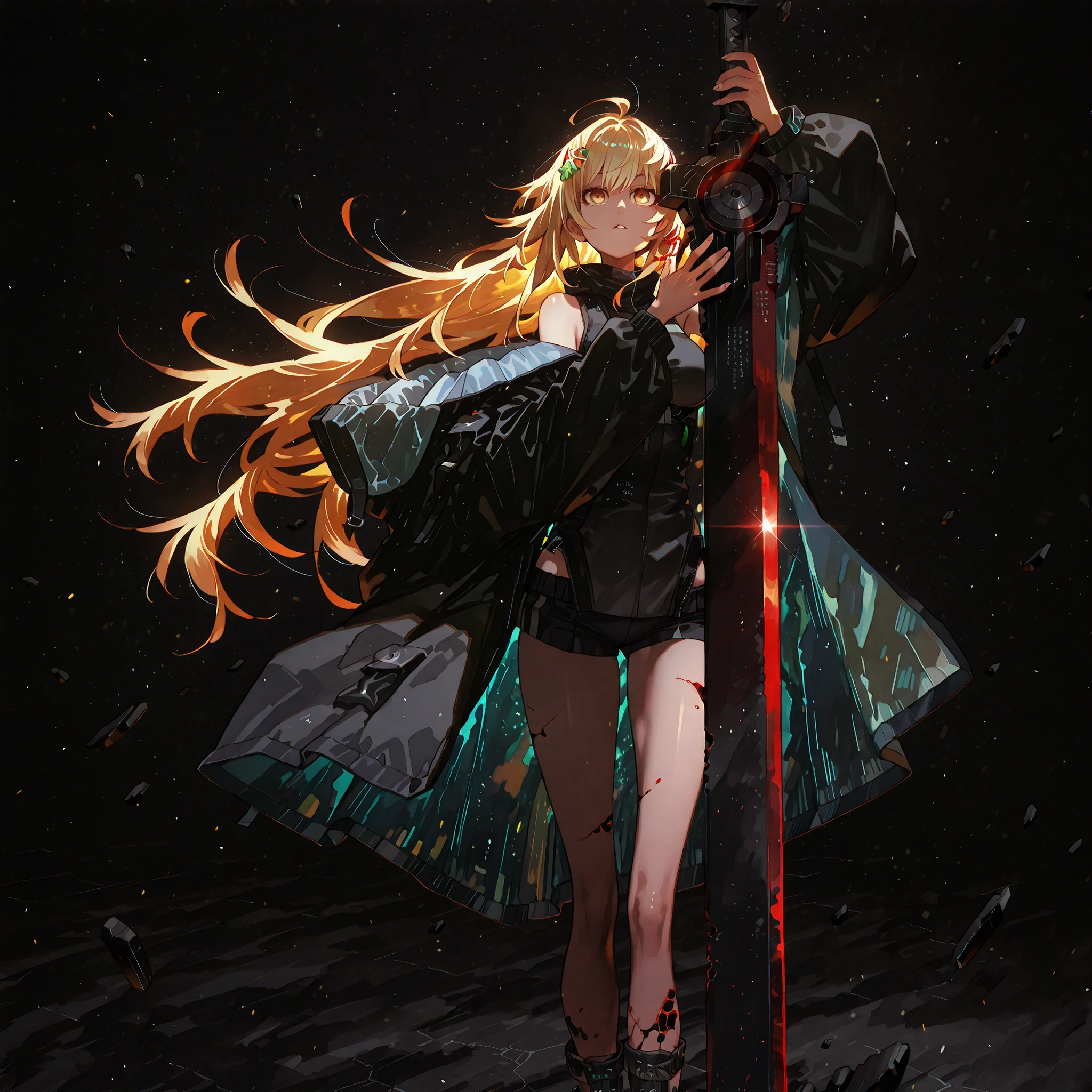 Alone, 1 girl, solitary female character, a teenage girl about 1.5 meters tall. She stands against a deep black background, standing out vividly. Physique and height identical to Terakomari Gandesblood from The Vexations of a Shut-In Vampire Princess. She smiles confidently and seductively. Her face is identical to Sylpha Langlis from Tensei Shitara Dai Nana Ōji.

She has long blonde hair styled like Kiss-Shot Acerola-Orion Heart-Under-Blade from Kizumonogatari / Bakemonogatari. Hair styled in the Shikei style. Golden eyes. She wears no hood; her head is completely uncovered.

Sensual pose, wide , , slim waist, petite body. Wide , , slim waist, slender body. Wide , , slim waist, slender body. Wide , , slim waist, slender body.

Clothing:
She wears a black tactical military blouse, black shorts, and black military boots like La Pluma’s from Arknights. The main detail is her black coat with red accents — identical to La Pluma’s coat from Arknights: same fabric, cut, red details, hood, zippers, and proportions. She does not wear a hood; her head is completely uncovered. She does not wear a hood; her head is completely uncovered.

Pose and Expression:
In her hands she holds an immense black greatsword with a red blade. The greatsword looks like stone, cracked, radiating energy. The energy flows through the fractures.

Atmosphere and Style:
Black background with cinematic lighting. Youthful energy. Ultra-detailed, sharp, clean anime style. Deep black background with cinematic lighting emphasizing her short stature and powerful aura. Perfect image, perfect face, perfect eyes, hair styled in the Shikei style.