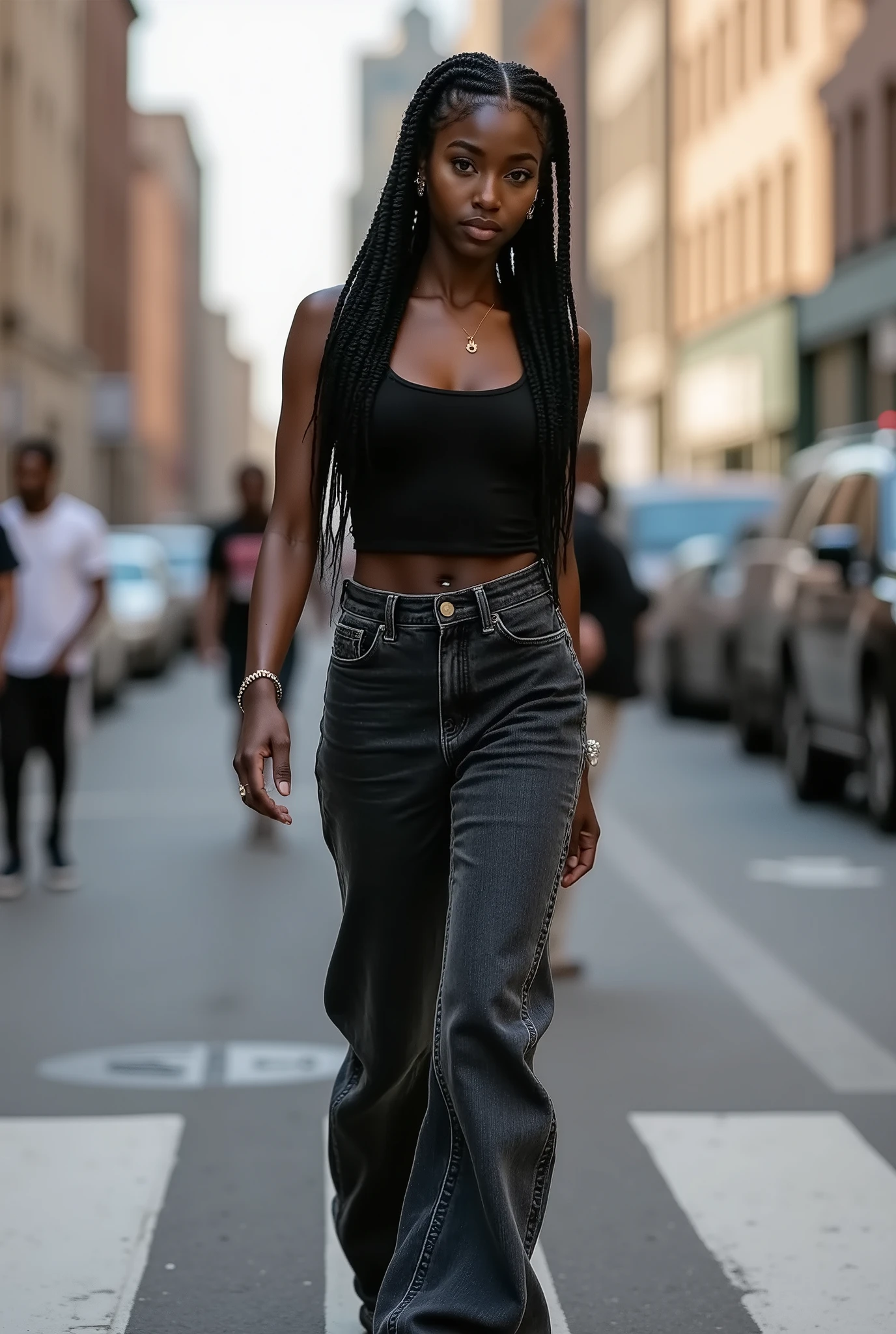 minaelmi,Candid photoreal street portrait of young Black tenage woman with her distinctive oblong face and 8thick jumbo braids, captured in an unposed moment as she navigates a busy urban crosswalk, her slim figure perfectly showcased in natural motion, dwearing fitted dark tank top underneath that contours to her slender upper body, paired with distinctive black mottled jeans that fit perfectly at the waist and hips before dramatically widening below the thigh into oversized baggy legs, creating an interesting silhouette that balances fitted and voluminous elements, the denim hugging her hip bones before releasing into architectural folds and natural draping that shift with authentic movement, her expression naturally focused and unaware of the camera in true candid fashion, characteristic high cheekbones catching natural light beneath the shadow of her hood, body language completely unstudied with the genuine quality of a moment captured rather than posed, busy urban street with pedestrians and city elements creating authentic context around her figure, natural daylight creating realistic highlights and shadows across her form and the contrasting textures of her outfit, Canon EOS R5 with 35mm lens from street level, hyper-realistic documentary photography with perfect color rendering capturing the authentic moment and the interesting contrast between the fitted upper portions and voluminous lower portions of her jeans