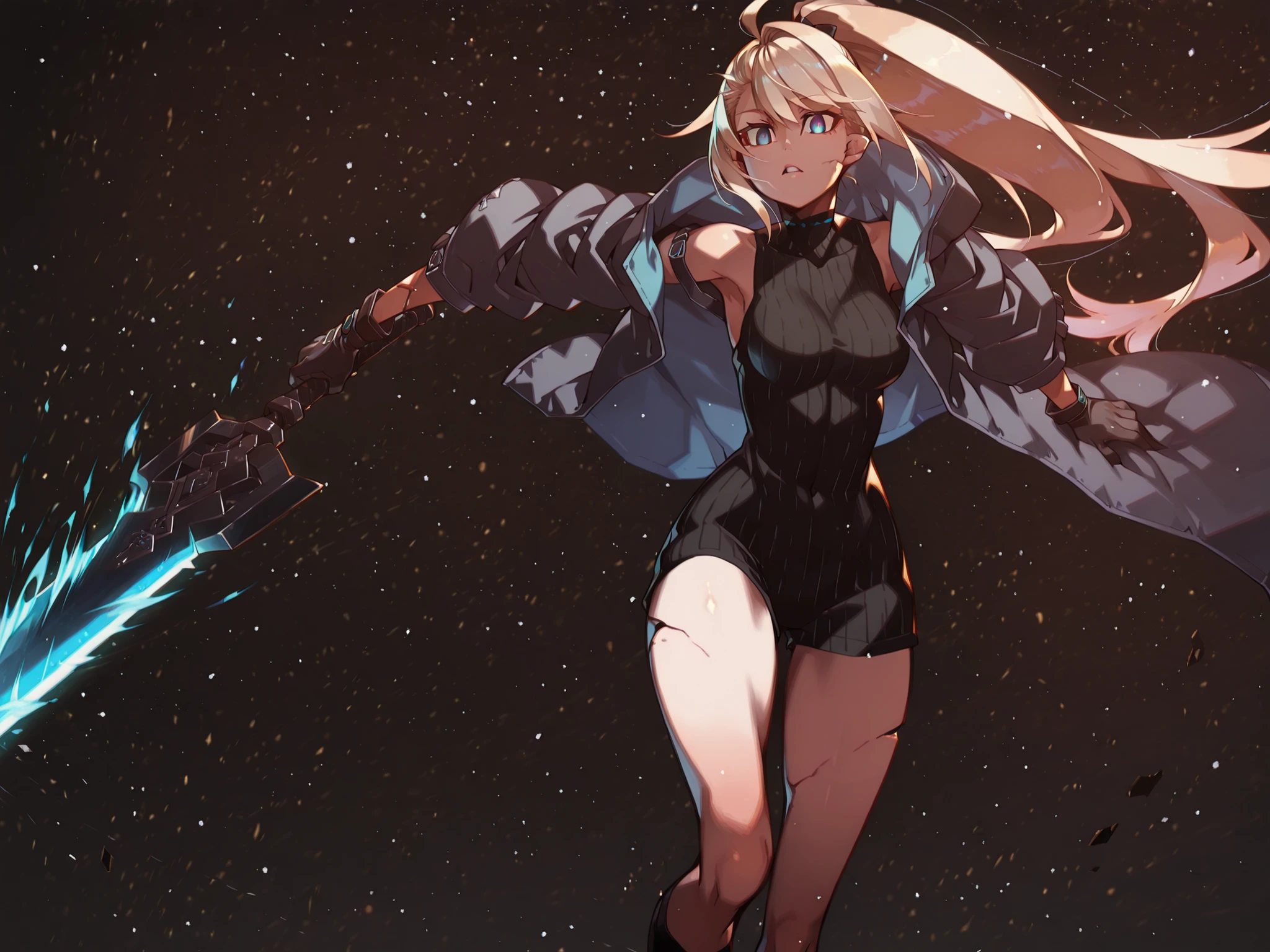 Alone, 1 girl, solitary female character, a young teenager about 1.5 meters tall. She stands alone against a deep black background, making her stand out vividly. Her physique and height are exactly like Terakomari Gandesblood from The Vexations of a Shut-In Vampire Princess.

She has long, blonde hair, similar to Sylpha Langlis (but blonde). Her hair is styled in a Shikei style and tied in a very long ponytail.

Clothing:
Her eyes are visible and bright blue, shining clearly toward the viewer. Her eyes are bright blue, clearly exposed. Her eyes are bright blue, clearly exposed. Her blue eyes are fully visible.
She wears a black turtleneck sweater that extends halfway down her thighs. Her thighs and legs are exposed. The most important feature is her black coat with blue accents—identical in every detail to Amiya’s coat from Arknights: same fabric, cut, blue highlights, length, hood design, zippers, proportions. Coat fits perfectly, no slipping. Gloves like Amiya's from Arknights

Pose and Expression:
Black background, sensual stance, wide , , slim waist, petite body. Dynamic motion pose: one leg forward, torso slightly twisted, coat and ponytail flowing. She conjures a large blue flame in one hand while holding an immense black greatsword with a glowing blue blade in the other. The colossal sword looks like stone, cracked, releasing energy from the fractures. The blade is blue. The blade is blue. The blade is blue. The blade is blue. She controls a bright blue flame in her free hand. She controls a bright blue flame in her free hand.

Atmosphere and Style:
Youthful energy. Ultra-detailed, sharp, clean anime style. Deep black background with cinematic lighting emphasizing her short stature and powerful aura. Perfect image, perfect face, perfect eyes, hair styled in Shikei style.